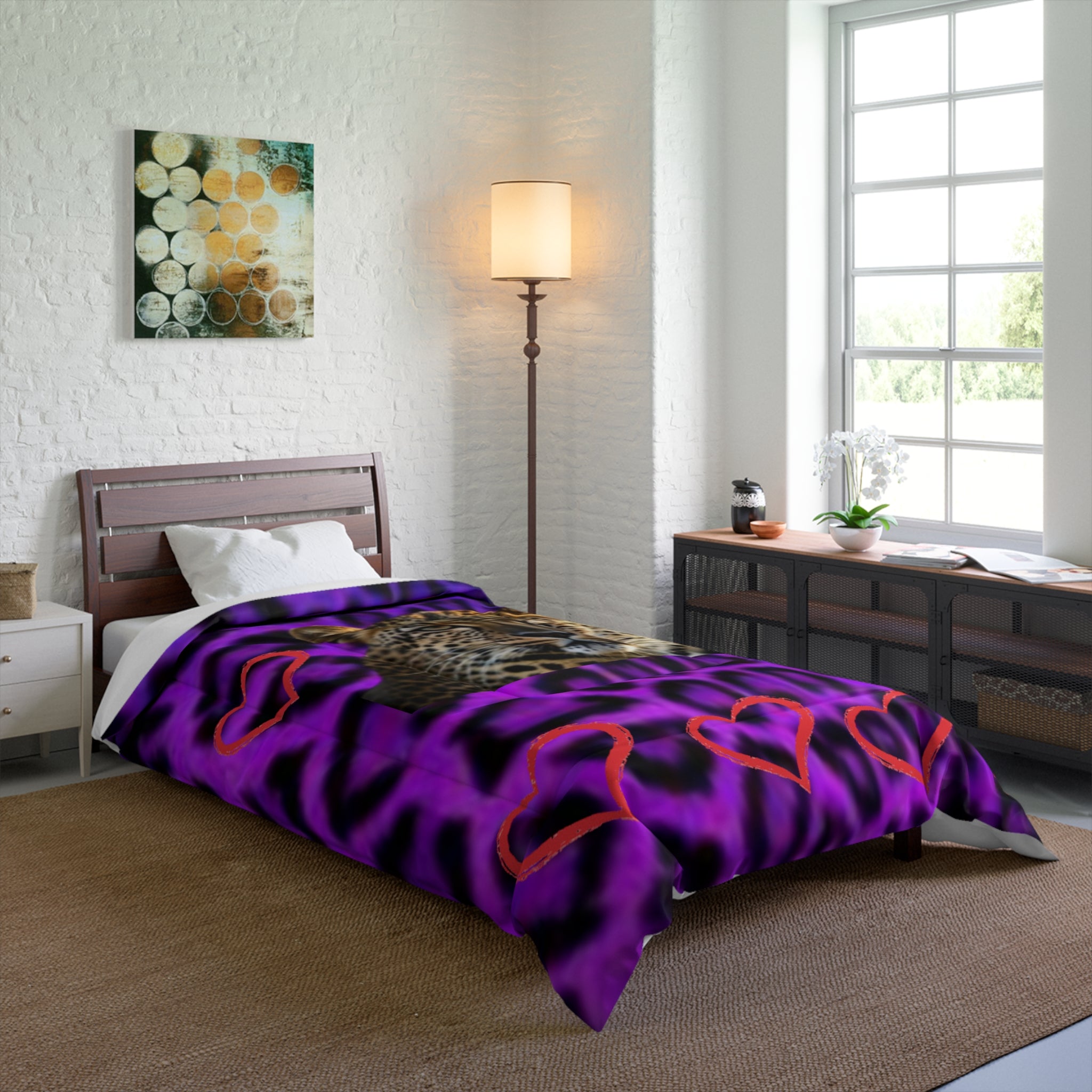 Leopard Heart Comforter - Purple Leopard Print with Big Cat Face & Hearts