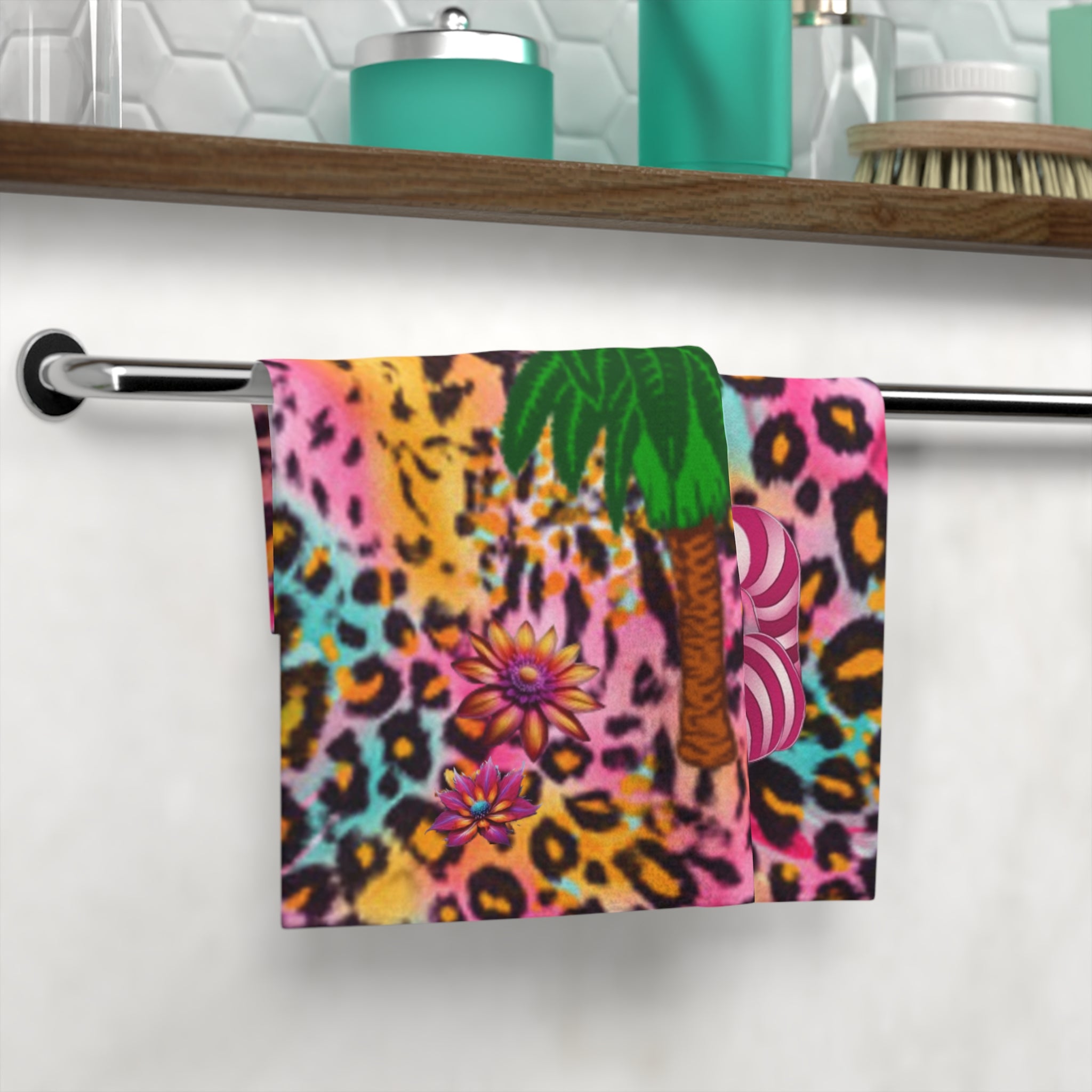 Cheshire Cat Palm Tree Flowers Face Towel — Neon Leopard Print Tropical Face Towel