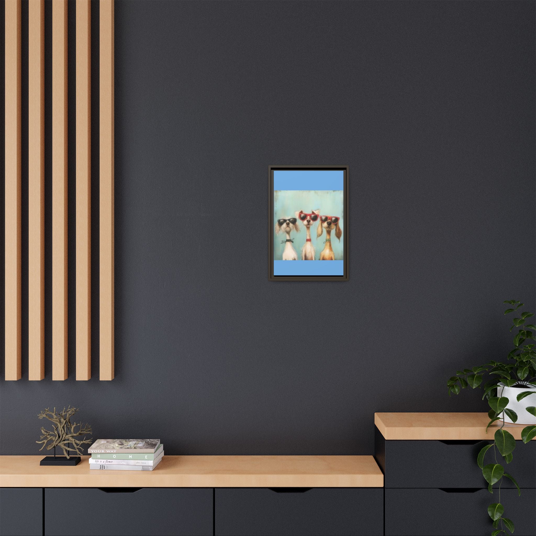 Framed Matte Canvas — Three Cool Dogs in Sunglasses Wall Art