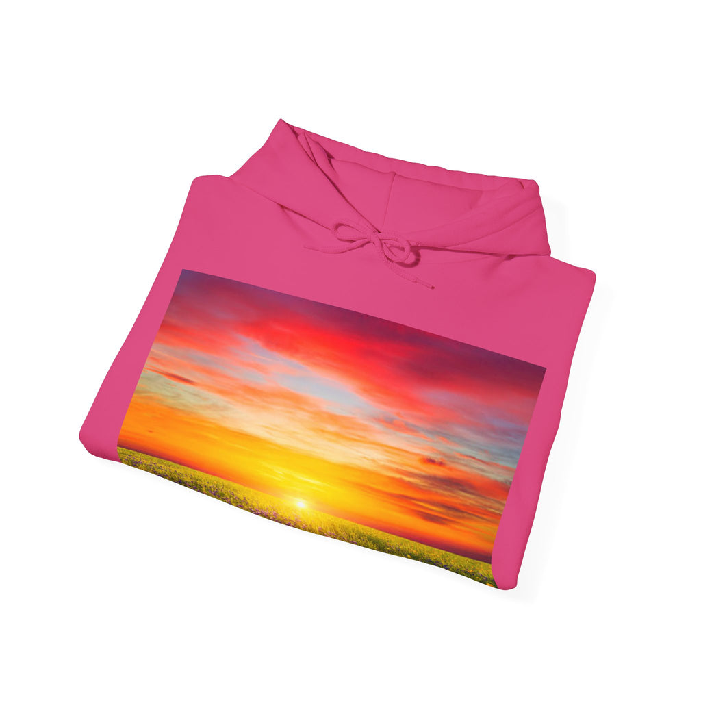 Sunrise Meadow & Horse Graphic Hoodie — Scenic Sunset Landscape and Saddled Horse Print
