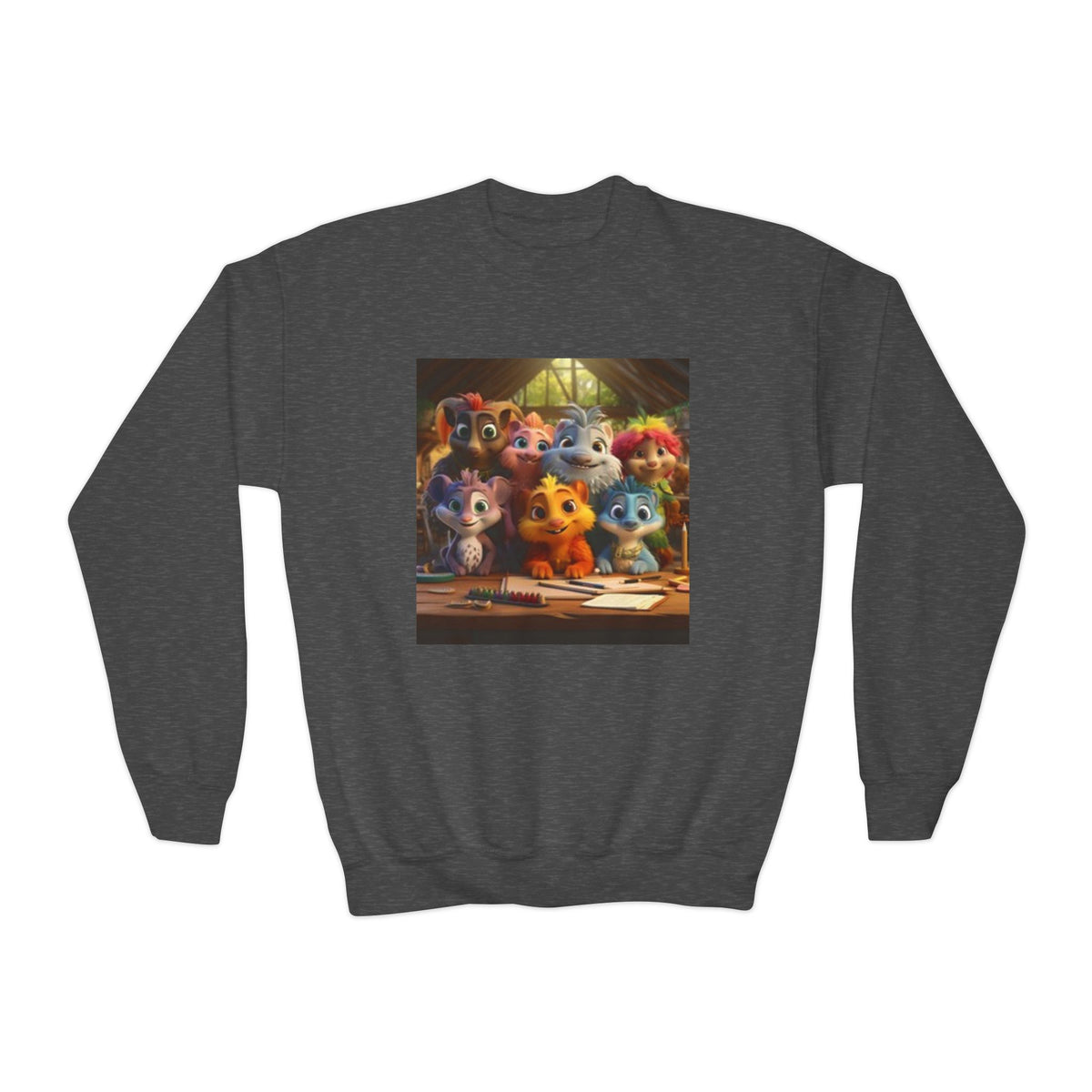 Youth Crewneck Sweatshirt — Colorful Cartoon Kittens Group Graphic