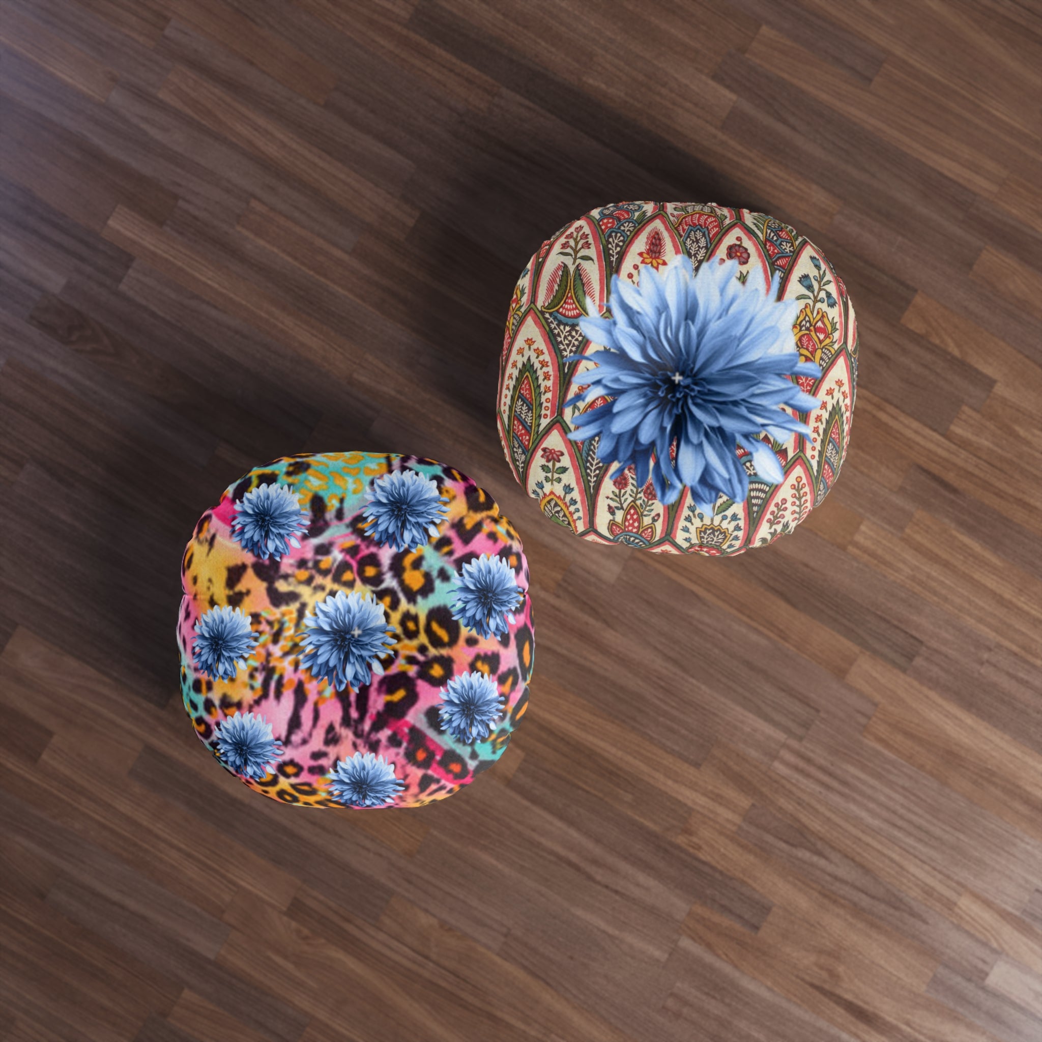 Boho Floral Round Floor Pillow — Vibrant Leopard & Blue Chrysanthemum Tufted Cushion