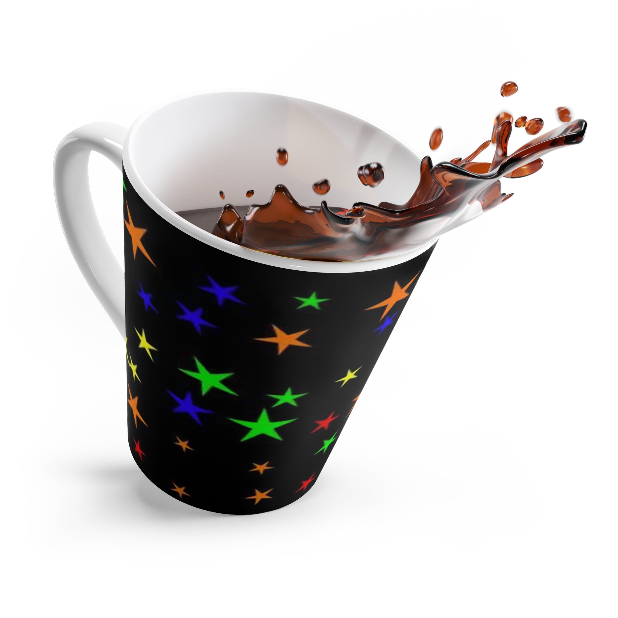 Colorful Stars Latte Mug - Rainbow Star Pattern on Black
