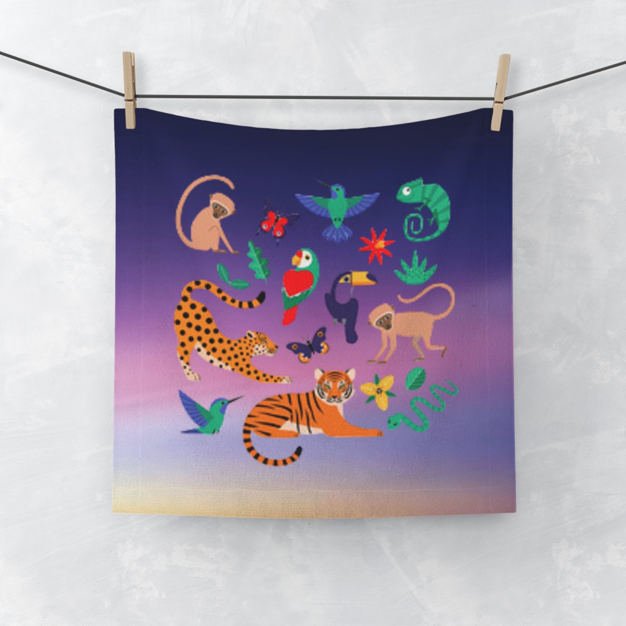 Tropical Jungle Animals Face Towel — Colorful Parrot, Tiger & Monkey Print