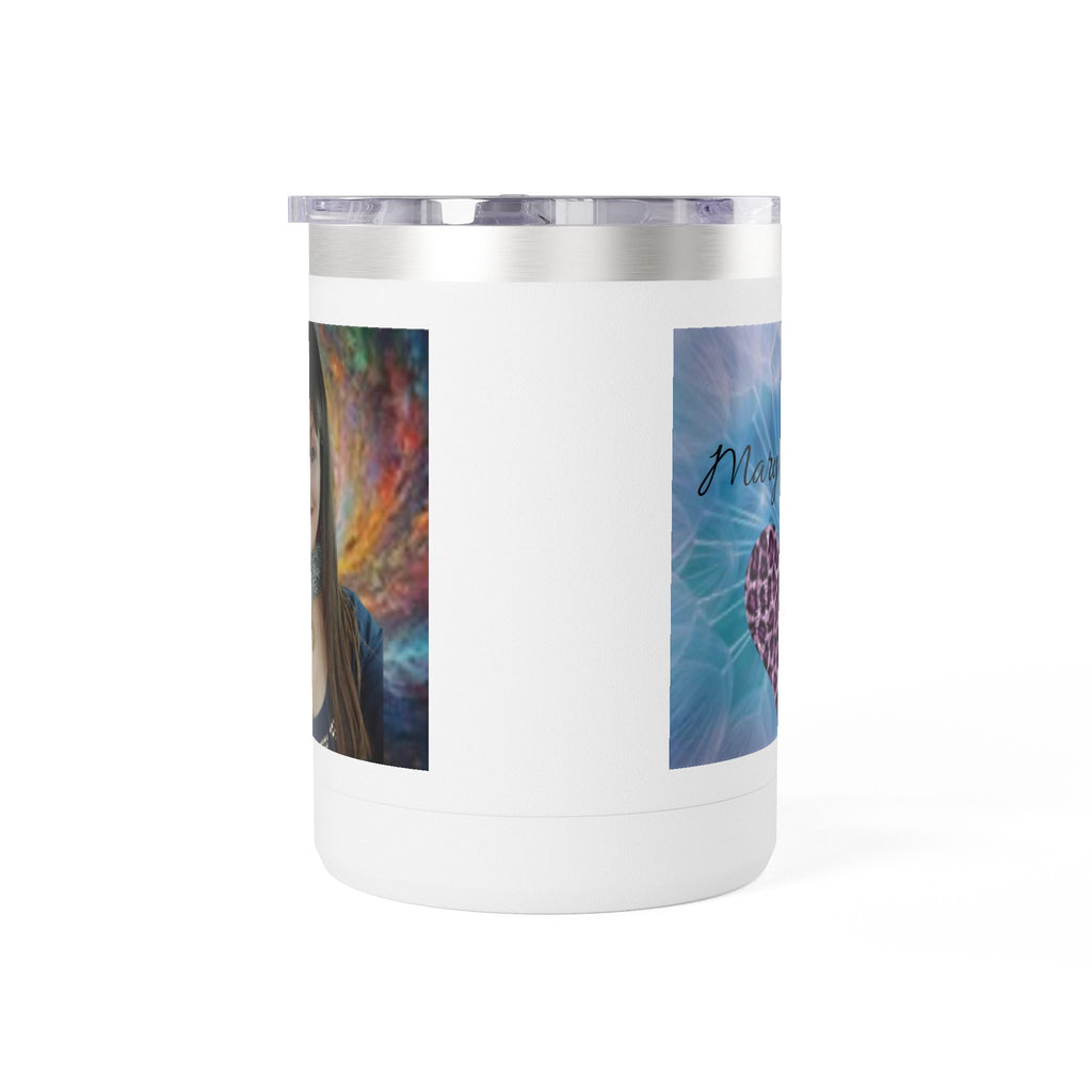 Mary Jordan Custom 15oz Travel Mug Tumbler — Personalized 'Enter text' Blue Floral Design & Heart