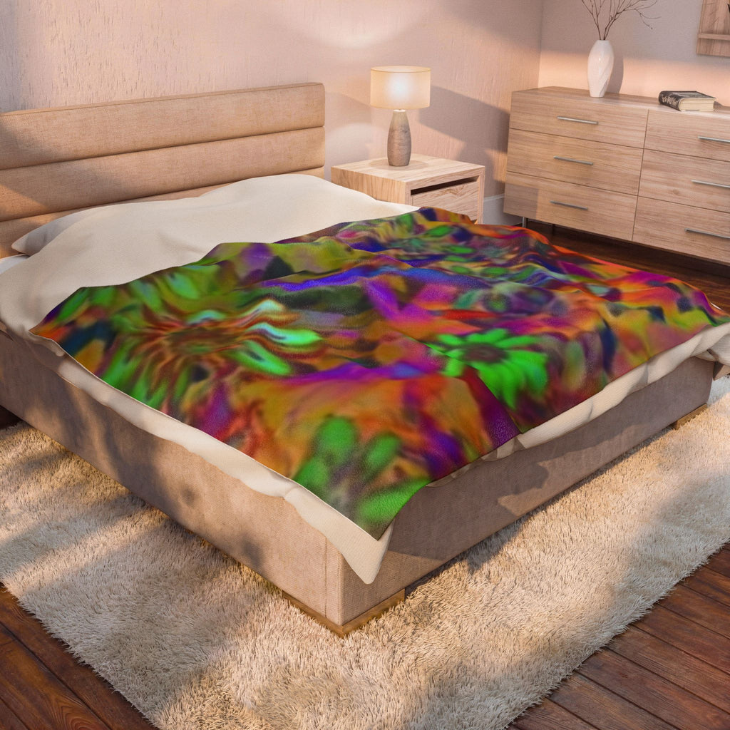 Psychedelic Floral Velveteen Plush Blanket — Vibrant Rainbow Flowers Throw for Cozy Boho Living, Gift for Her