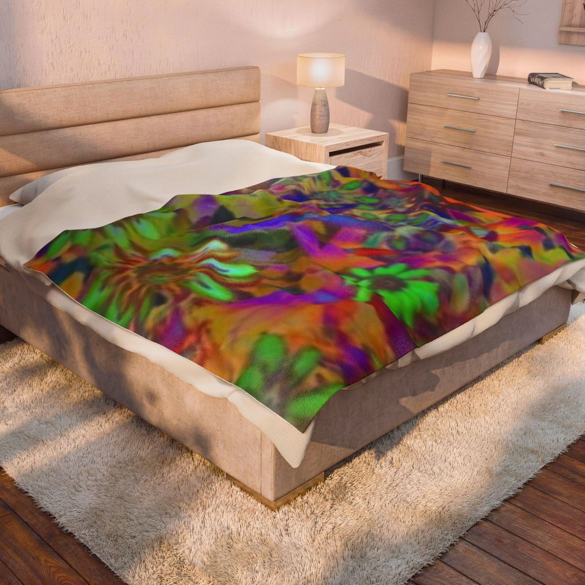 Psychedelic Floral Velveteen Plush Blanket — Vibrant Rainbow Flowers Throw for Cozy Boho Living, Gift for Her