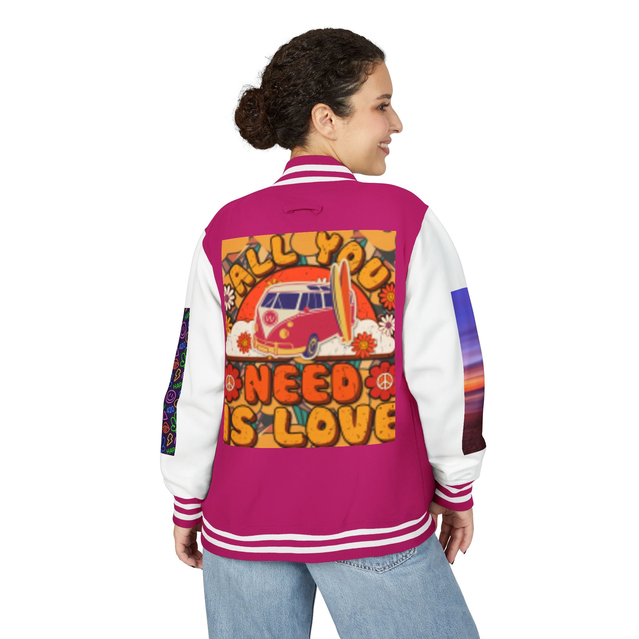 Letterman Jacket — Retro 'All You Need Is Love' Hippie Van & Cannabis Leaf Design