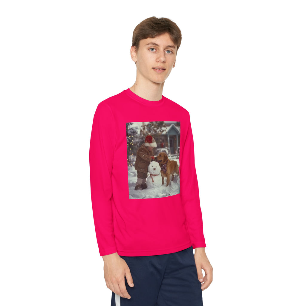Youth Long Sleeve Tee — Christmas~Vintage Snow Day Kids Shirt with Snowman and Dog