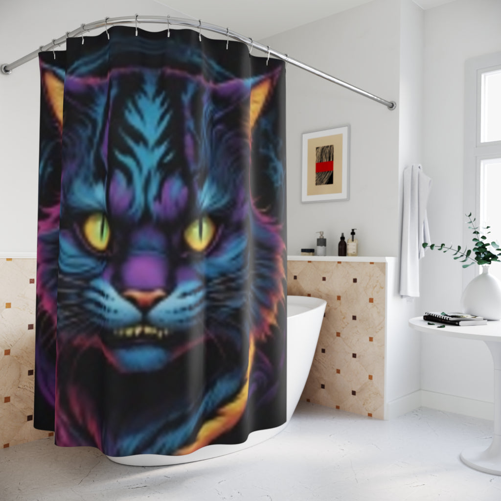 Neon Mystic Cat Shower Curtain — Vibrant Psychedelic Feline Bath Decor