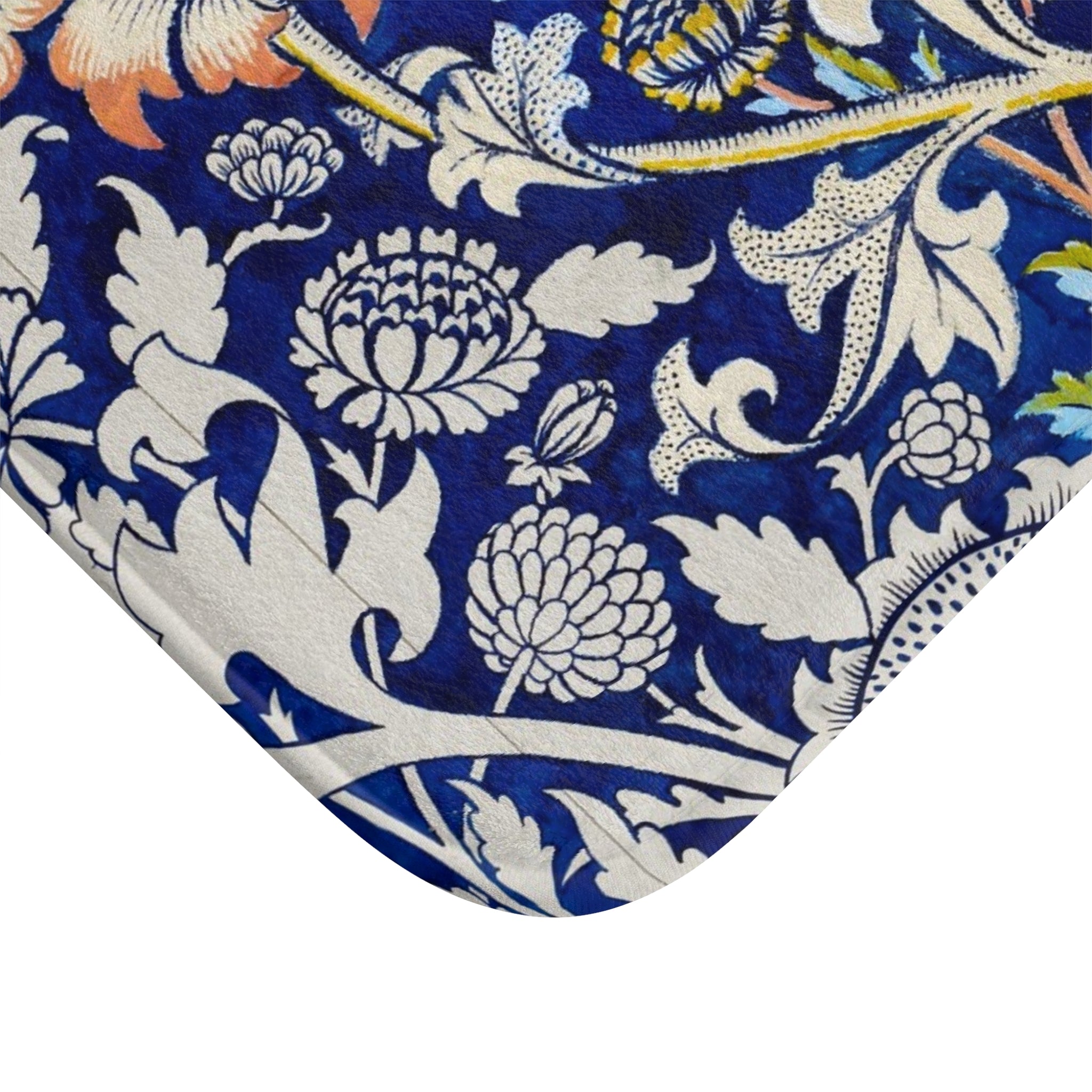 Blue Floral William Morris–Style Bath Mat — Vintage Botanical Bathroom Rug
