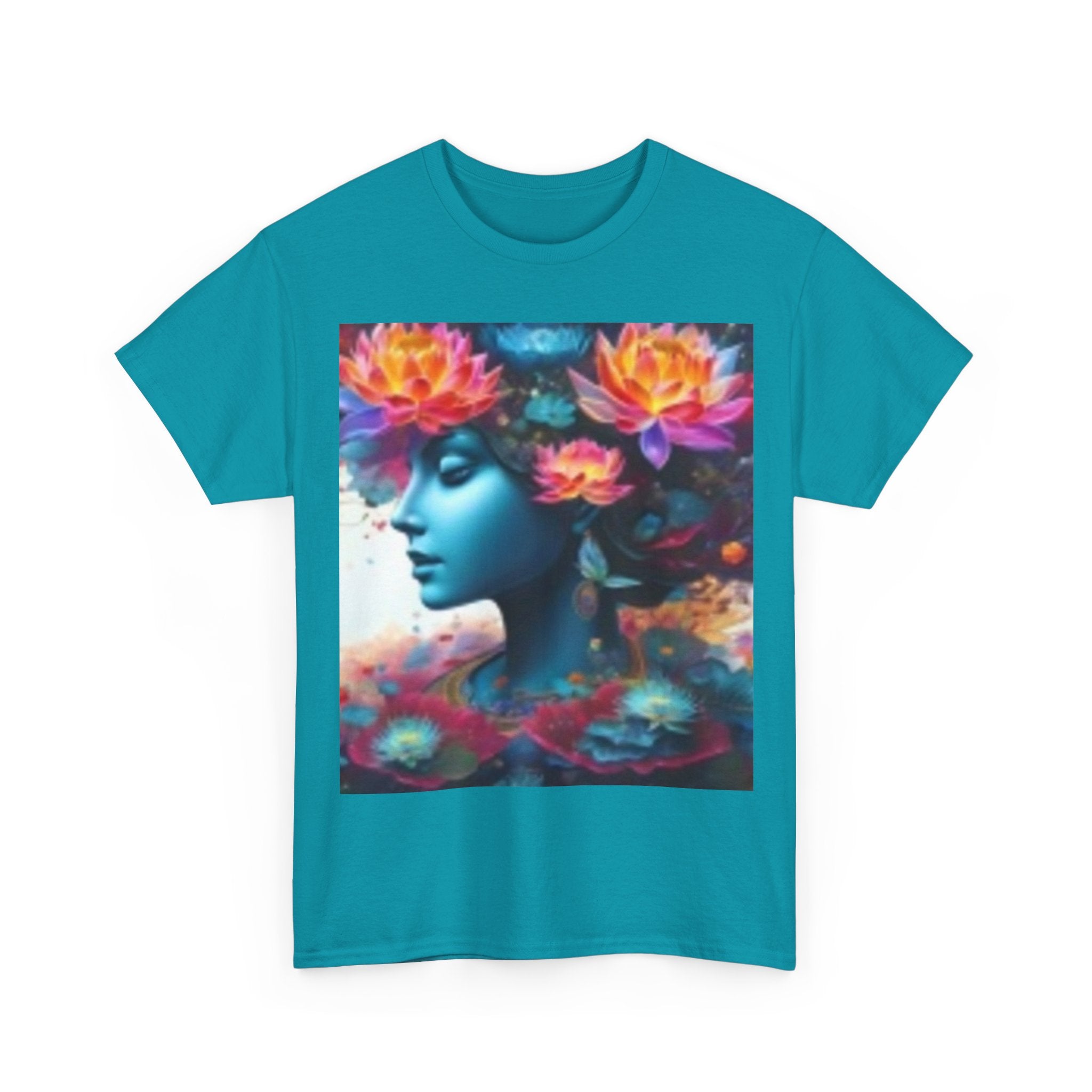 Floral Dreamscape Tee — Surreal Blue Portrait with Vibrant Flowers