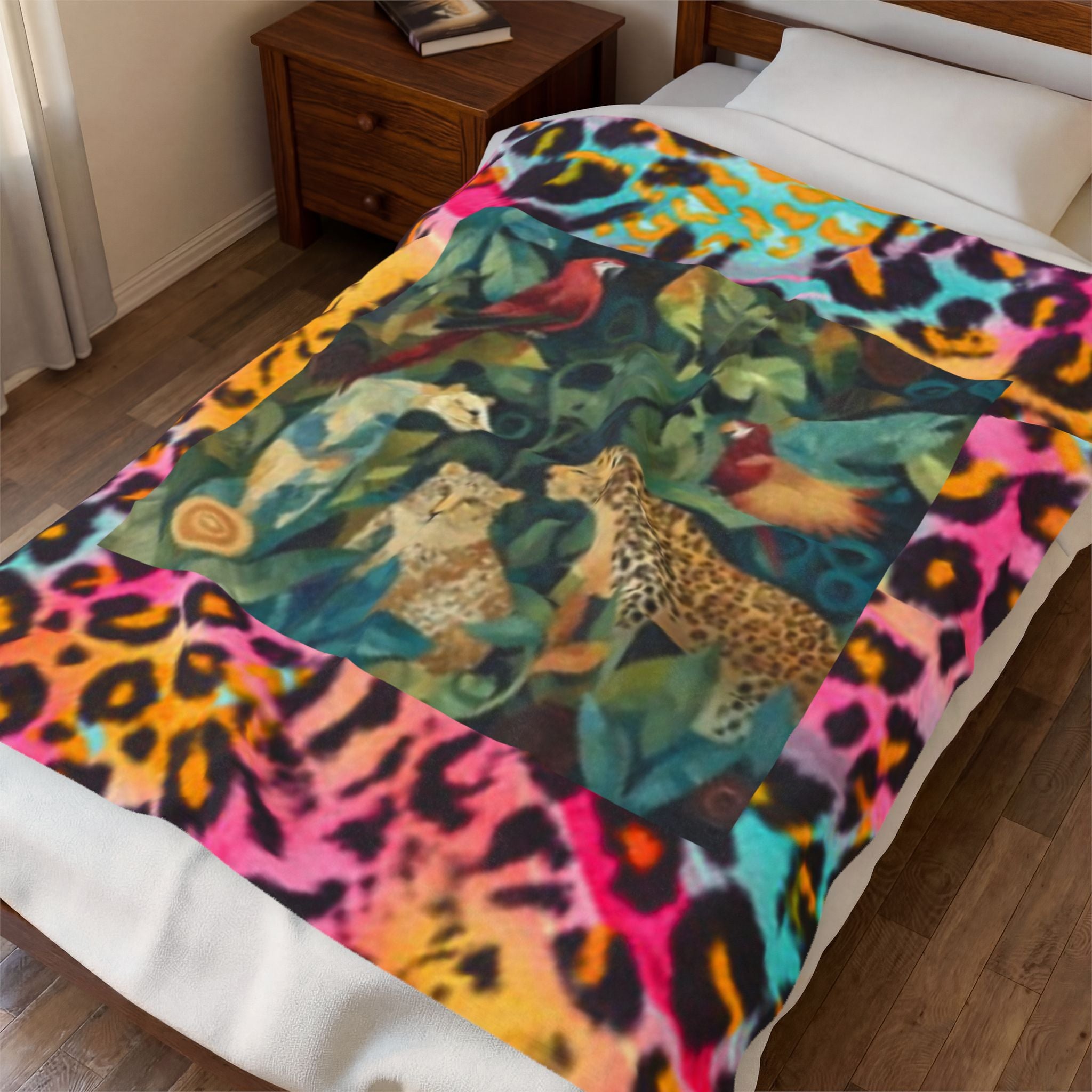 Safari Jungle Velveteen Plush Blanket — Colorful Leopard & Tropical Bird Print