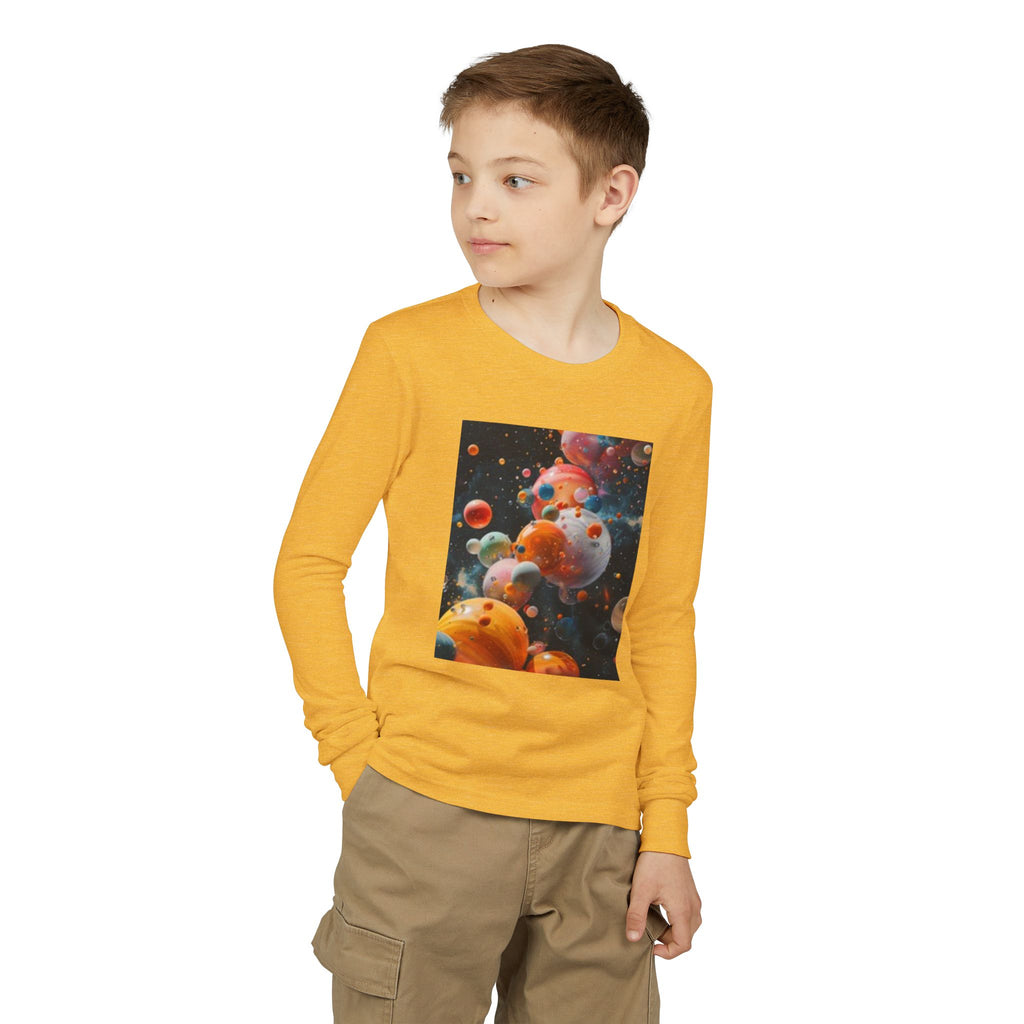 Youth Long Sleeve Tee — Playful Space Planets & Happy Bulldog Graphic