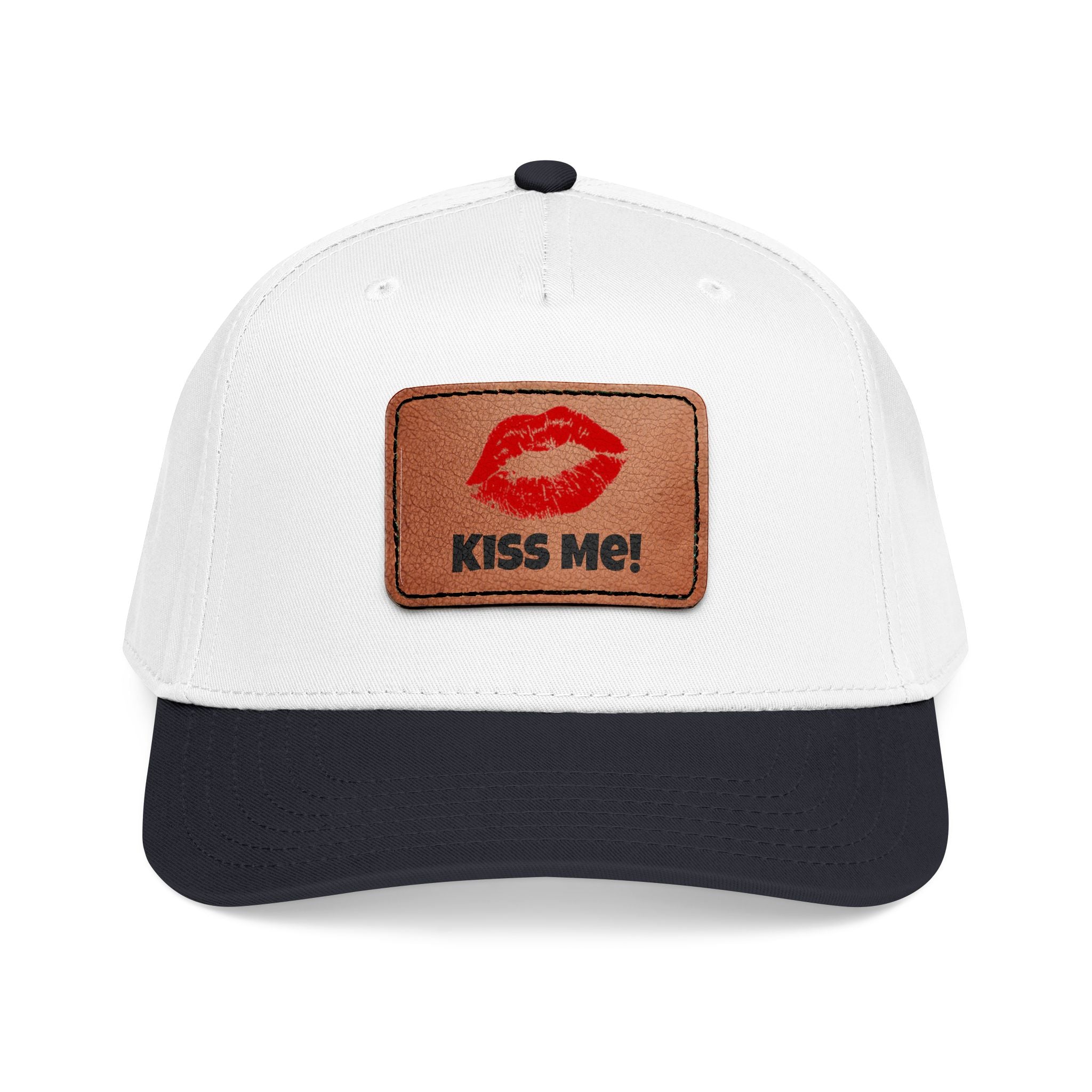 Kiss Me Red Lips Leather Patch Baseball Cap — Mid Profile Hat with Lip Print