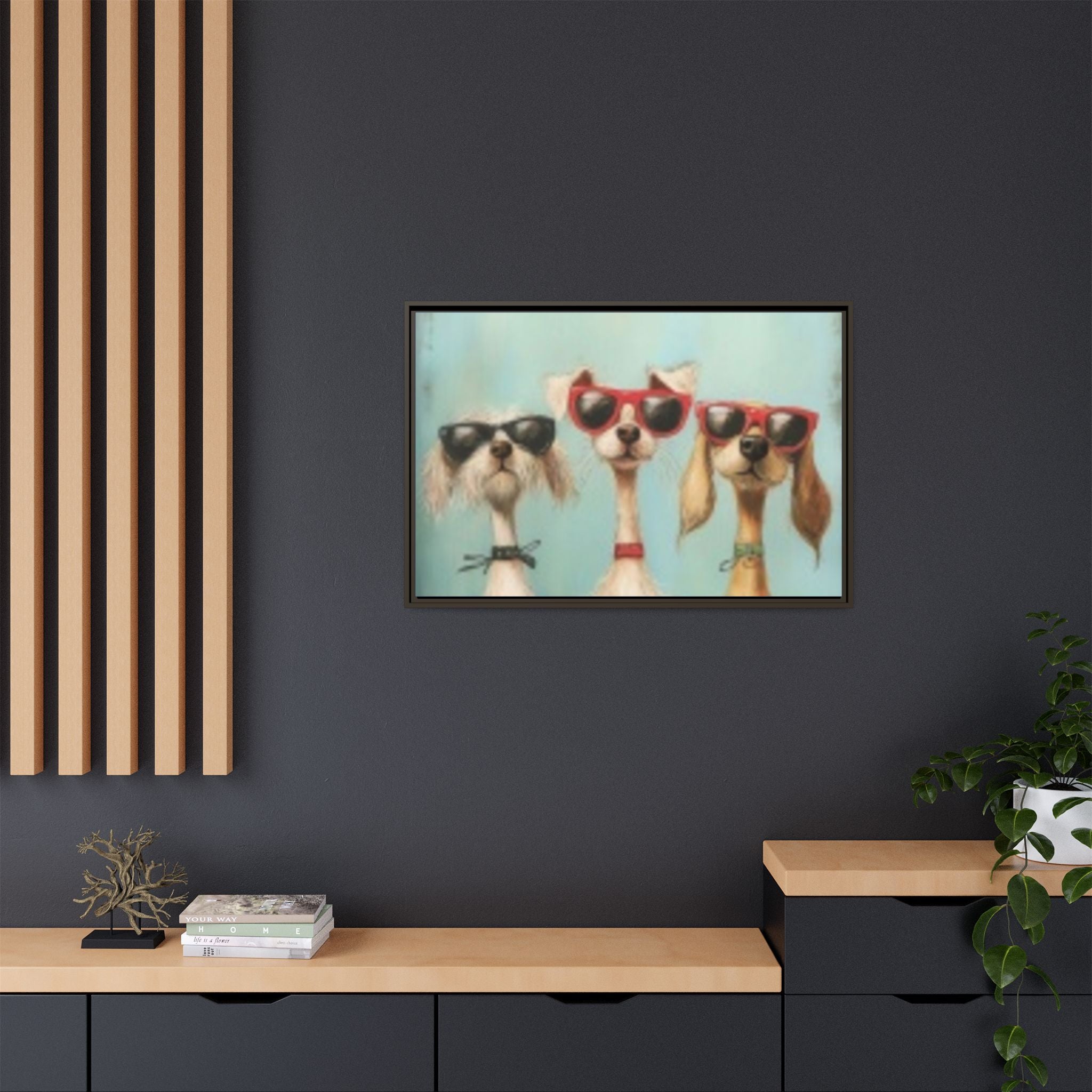 Framed Matte Canvas — Three Cool Dogs in Sunglasses Wall Art