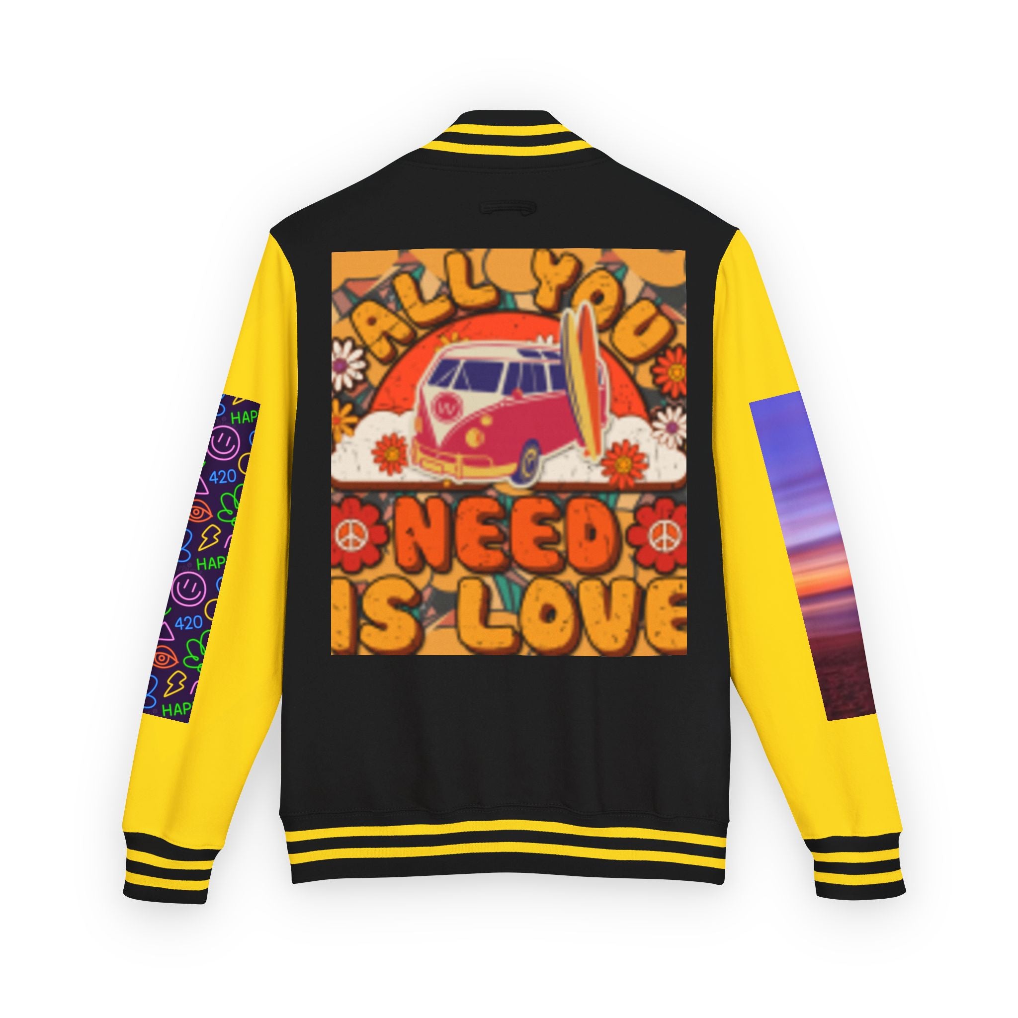 Letterman Jacket — Retro 'All You Need Is Love' Hippie Van & Cannabis Leaf Design
