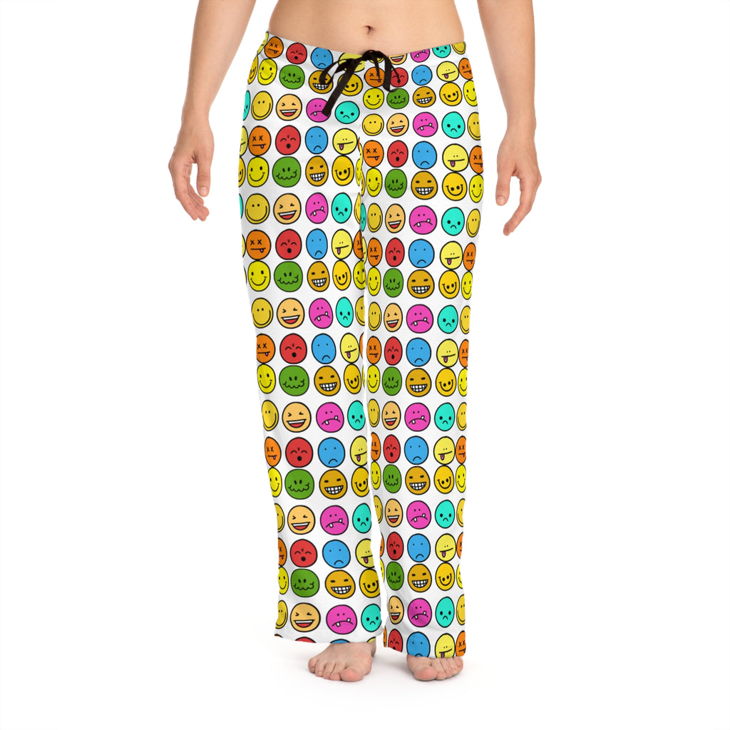 Women's Emoji Print Lounging Pants — Colorful Smiley Face Lounge Sleepwear