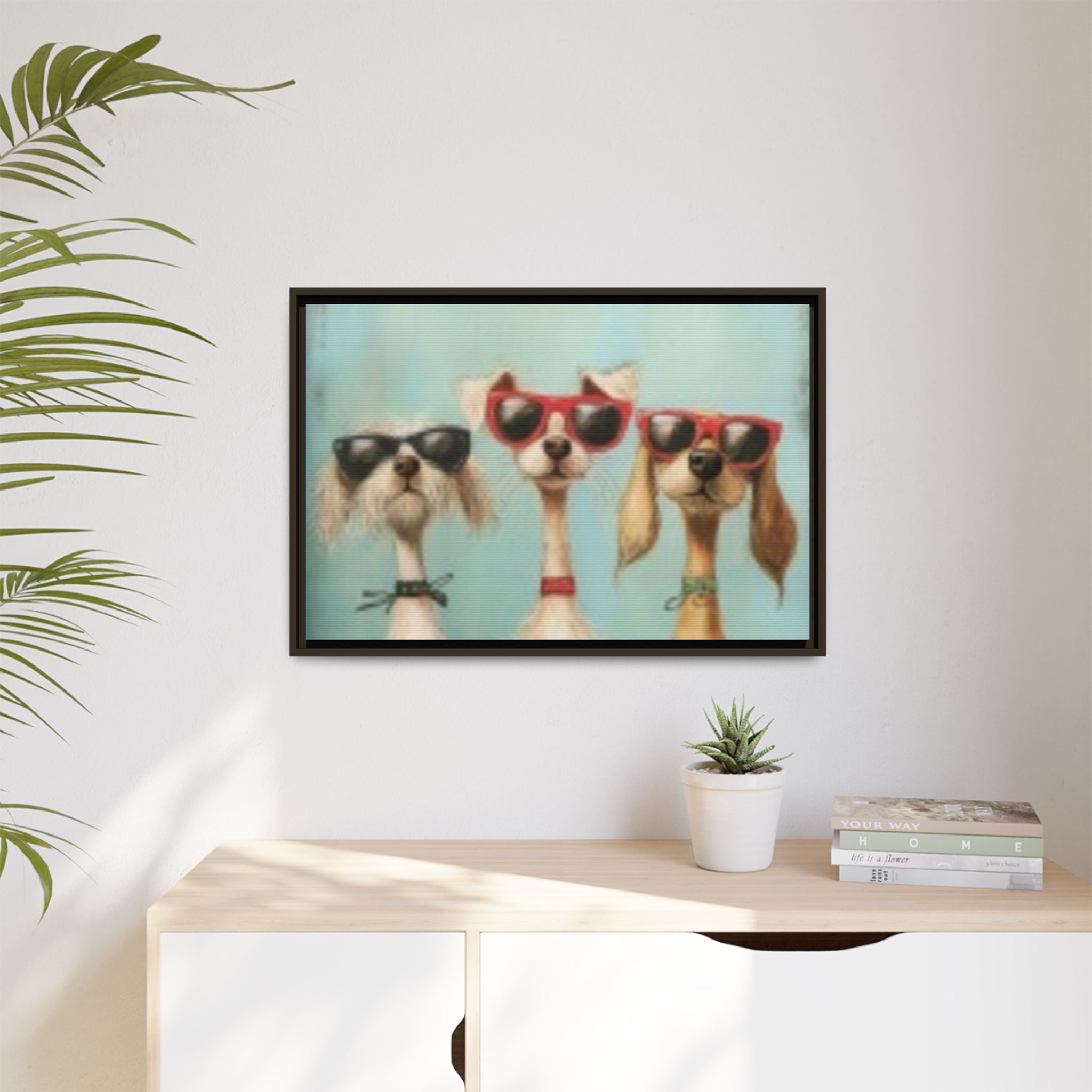 Framed Matte Canvas — Three Cool Dogs in Sunglasses Wall Art