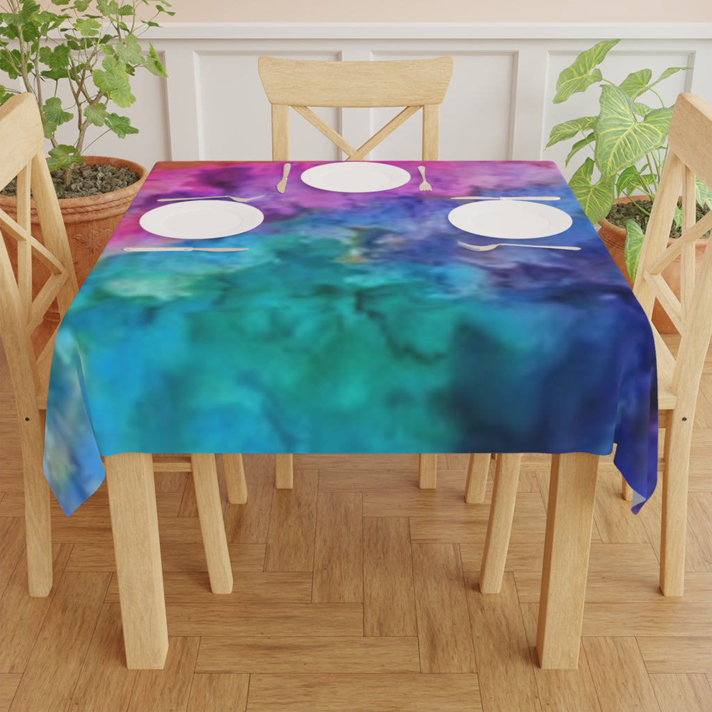 Vibrant Watercolor Marble Tablecloth – Rainbow Abstract Dining Decor