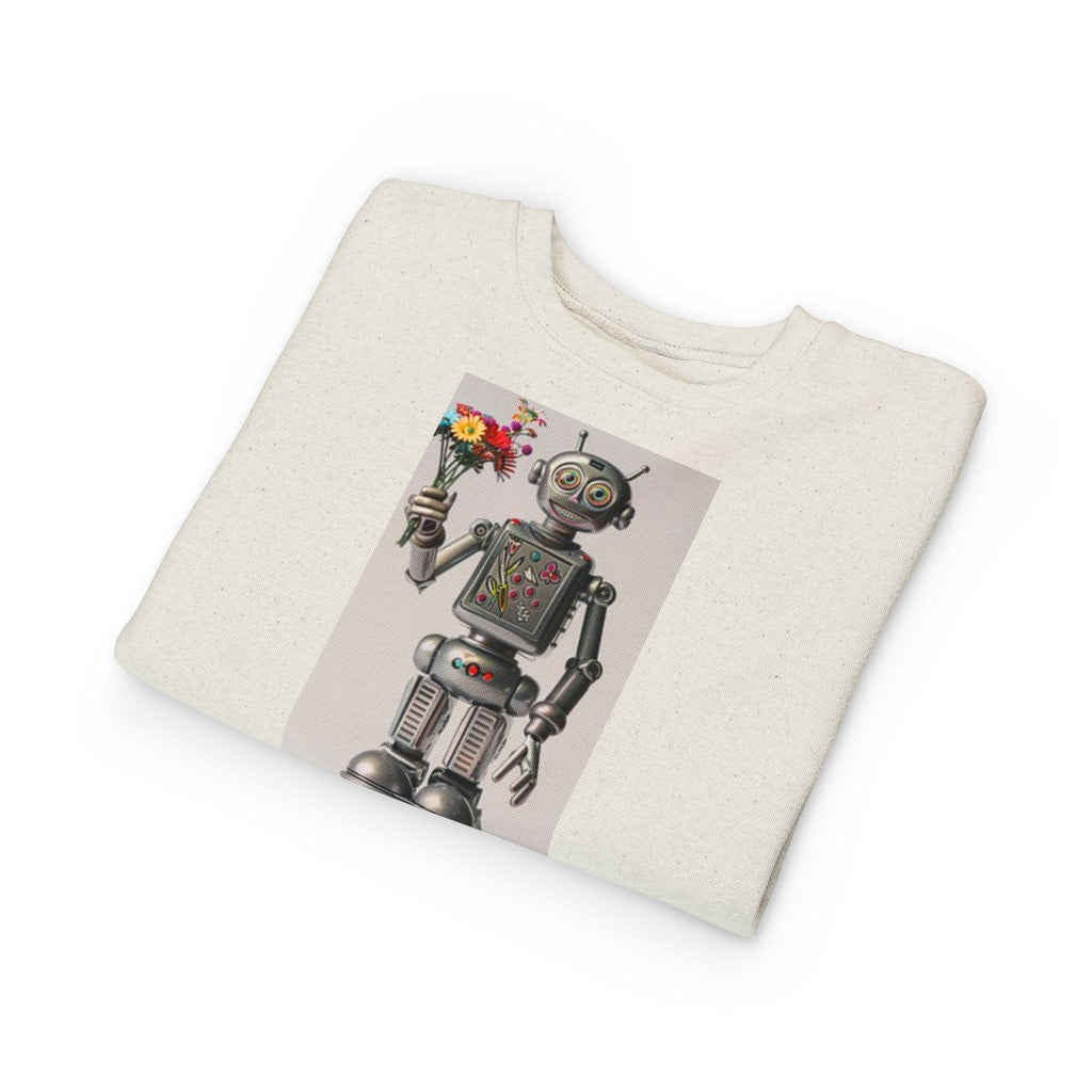 Retro Robot Toddler Sweatshirt — Cute Robot Holding Flowers Graphic