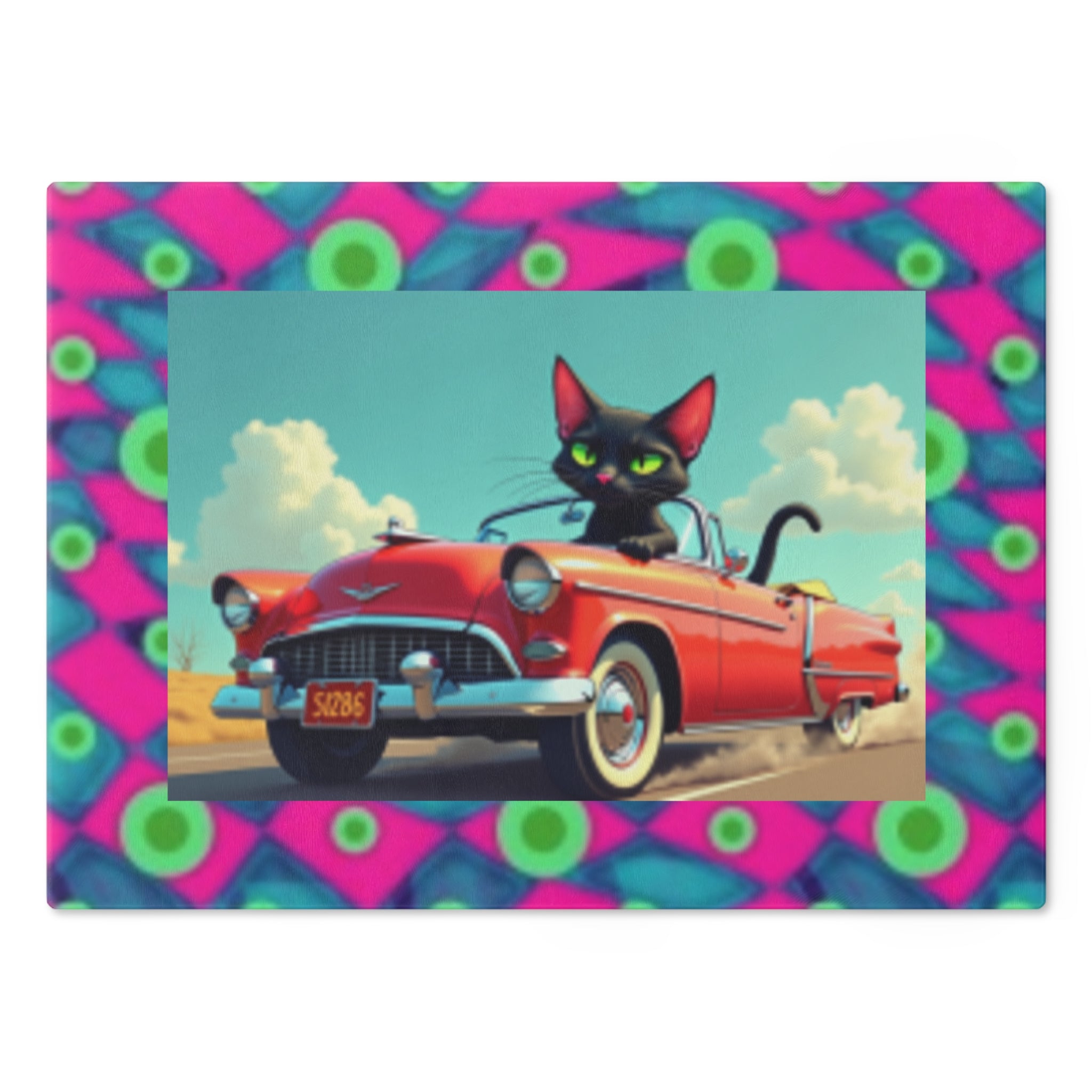 Retro Cat Driving Red Convertible Cutting Board — Funky Neon Border Kitchen Decor