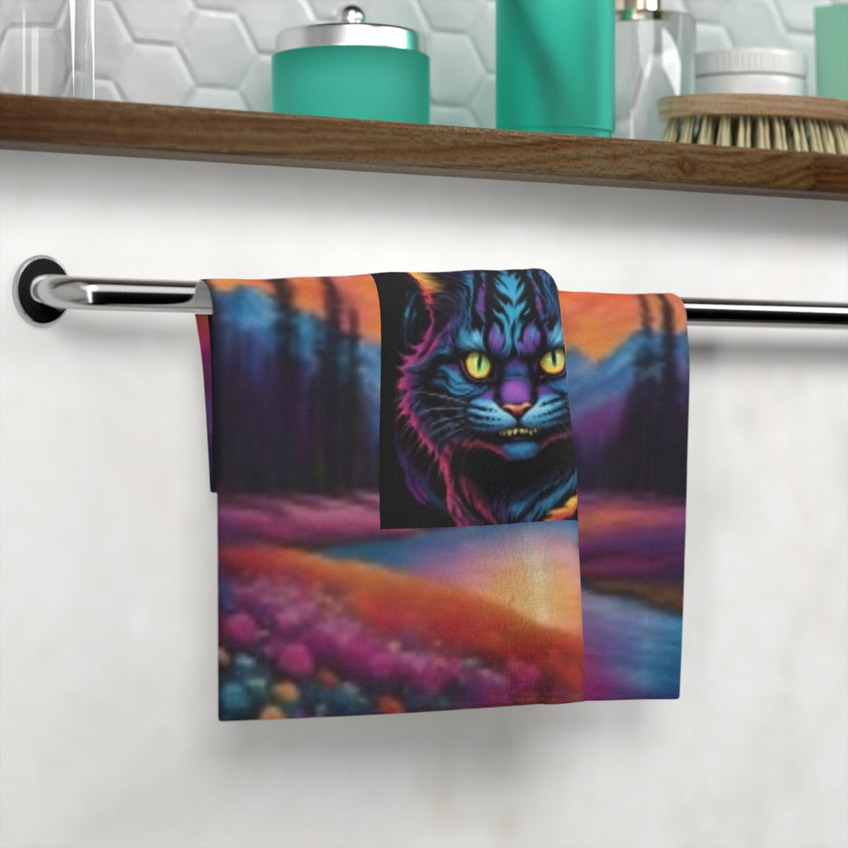 Mystic Neon Cat Face Sunset Towel