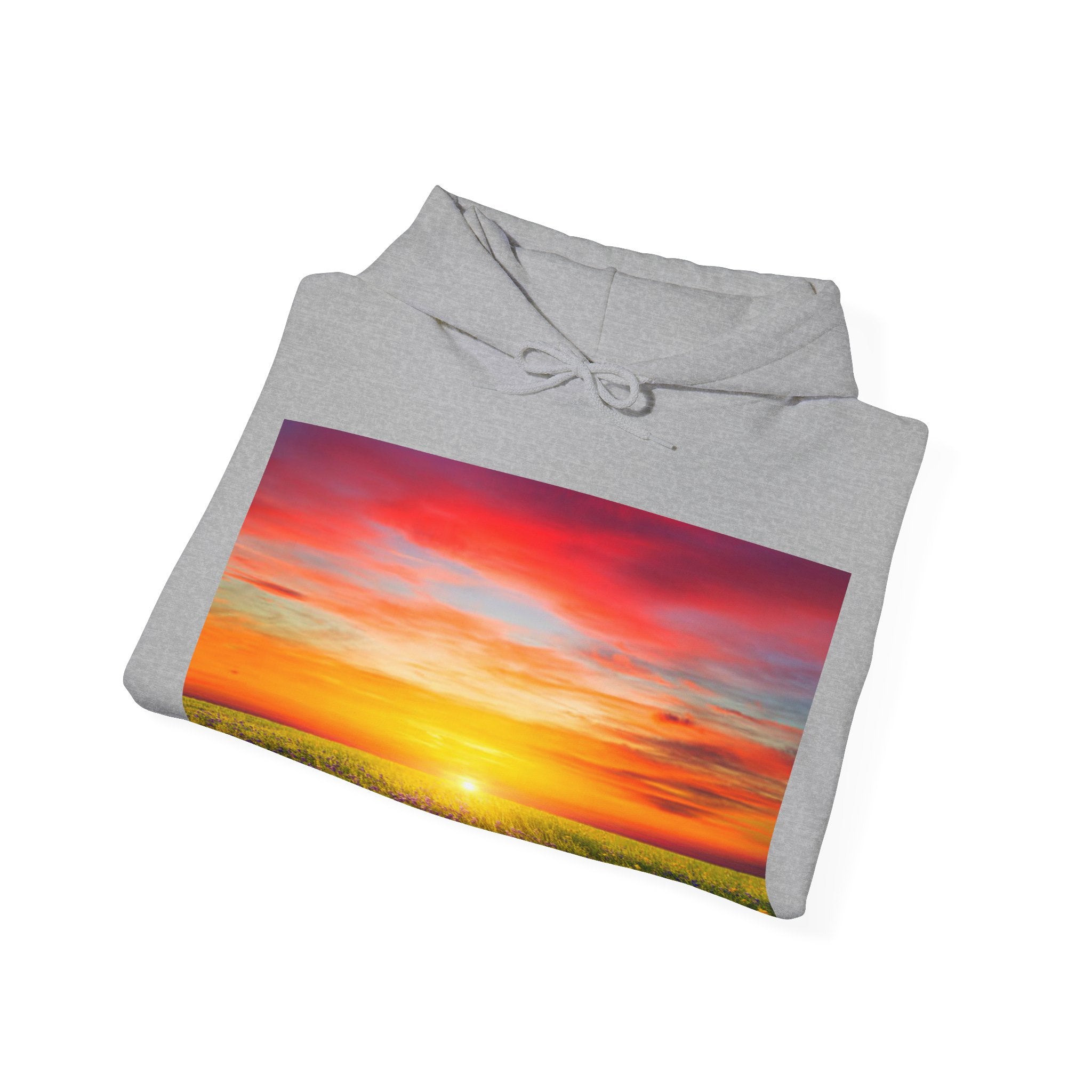 Sunrise Meadow & Horse Graphic Hoodie — Scenic Sunset Landscape and Saddled Horse Print