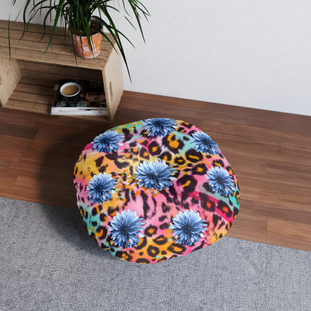 Boho Floral Round Floor Pillow — Vibrant Leopard & Blue Chrysanthemum Tufted Cushion