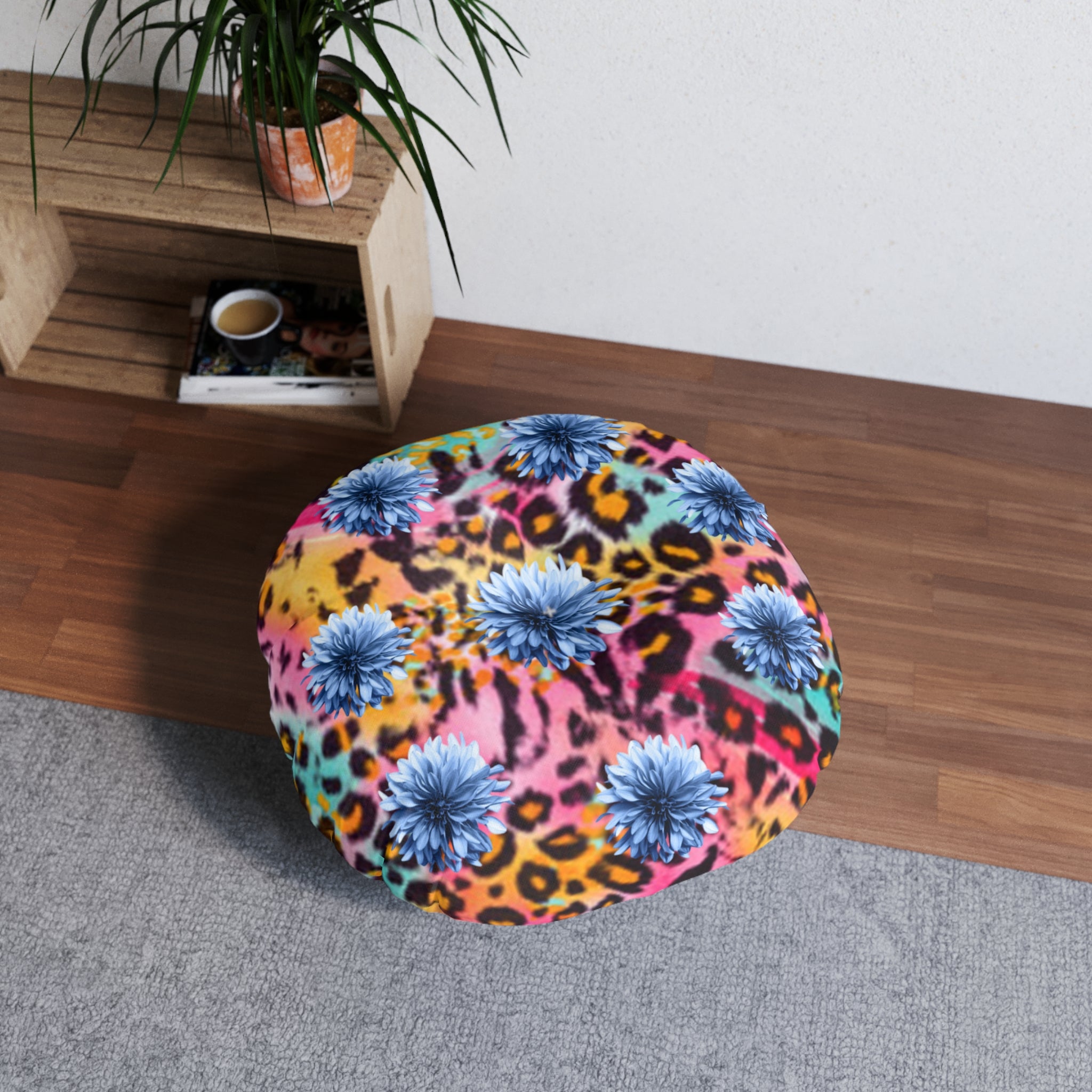 Boho Floral Round Floor Pillow — Vibrant Leopard & Blue Chrysanthemum Tufted Cushion