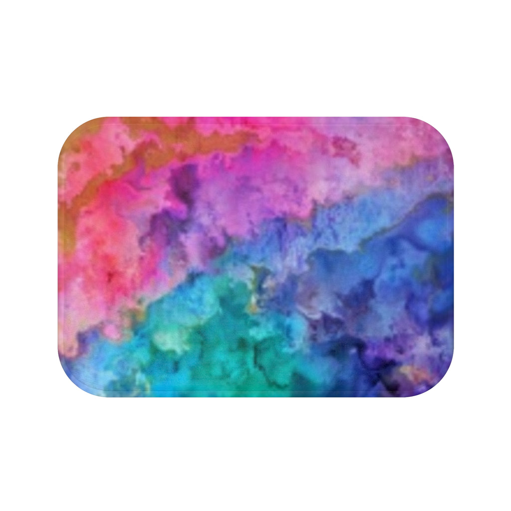 Vibrant Watercolor Cloud Bath Mat — Rainbow Abstract Non-Slip Bathroom Rug