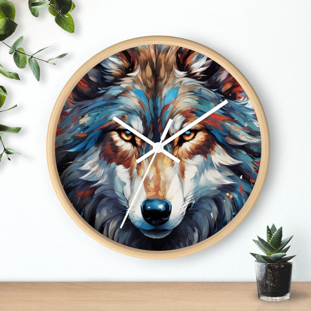 Wolf Face Wall Clock — Colorful Tribal Art Home Decor