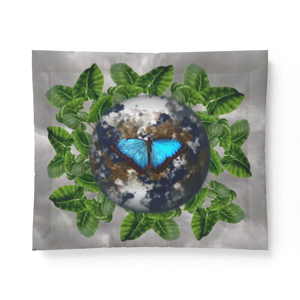Earth From Space Leaves Blue Butterfly & Earth Facts Cotton Comforter