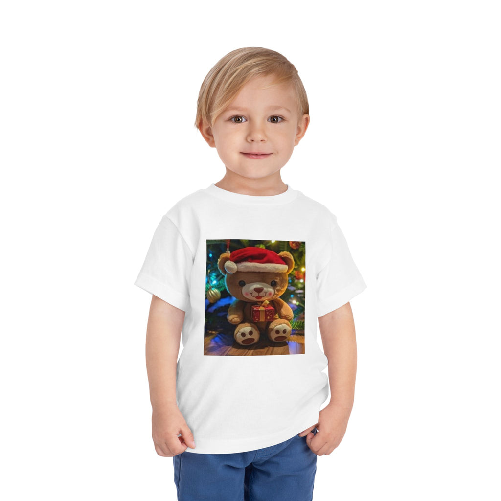 Toddler Tee — Christmas Teddy Bear with Santa Hat Holiday Shirt