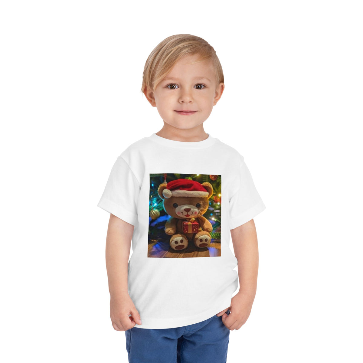 Toddler Tee — Christmas Teddy Bear with Santa Hat Holiday Shirt