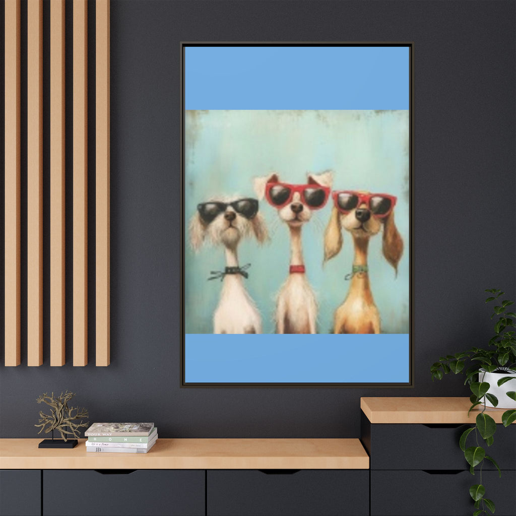 Framed Matte Canvas — Three Cool Dogs in Sunglasses Wall Art