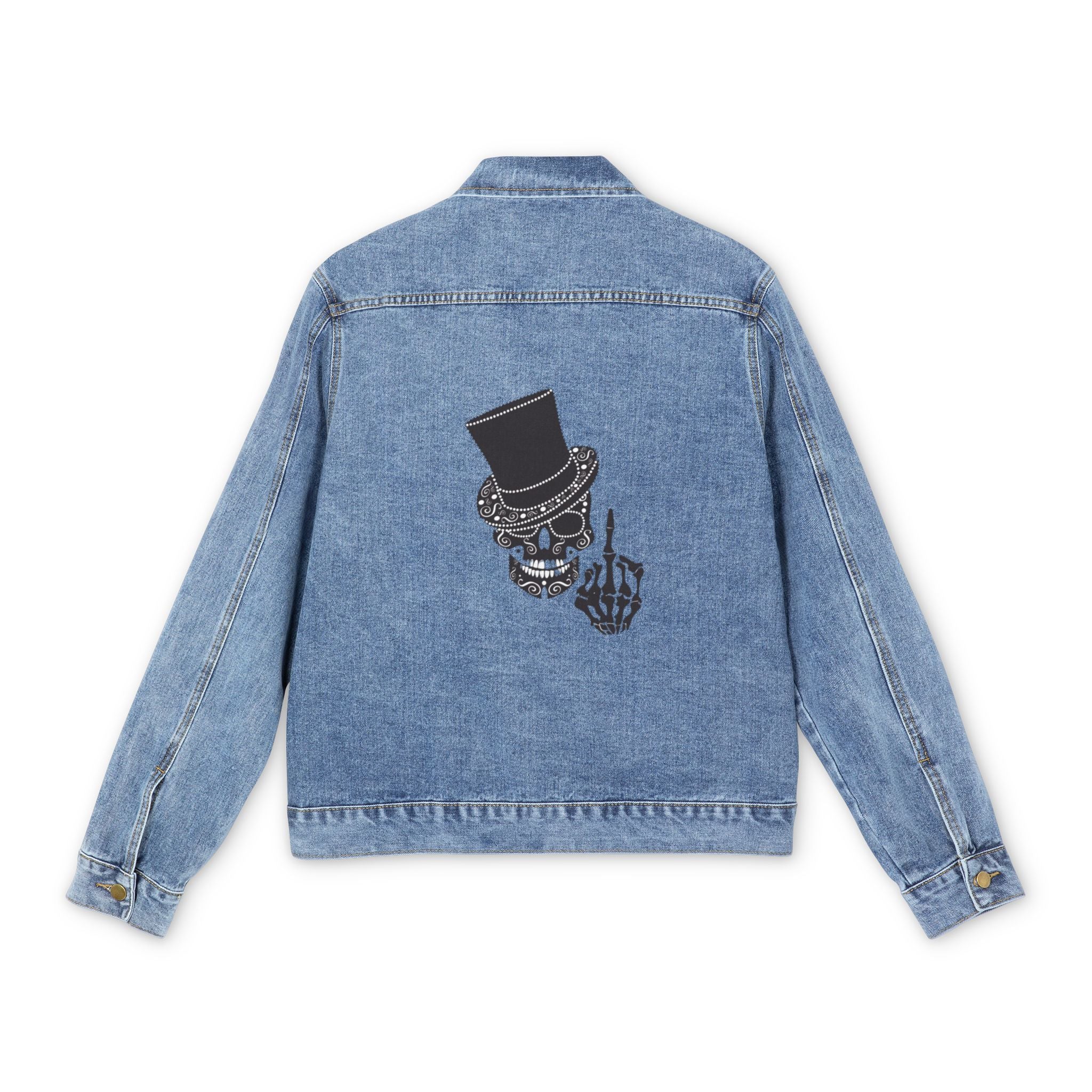 Men's Denim Jacket — Gothic Skull with Top Hat Shooting the Finger