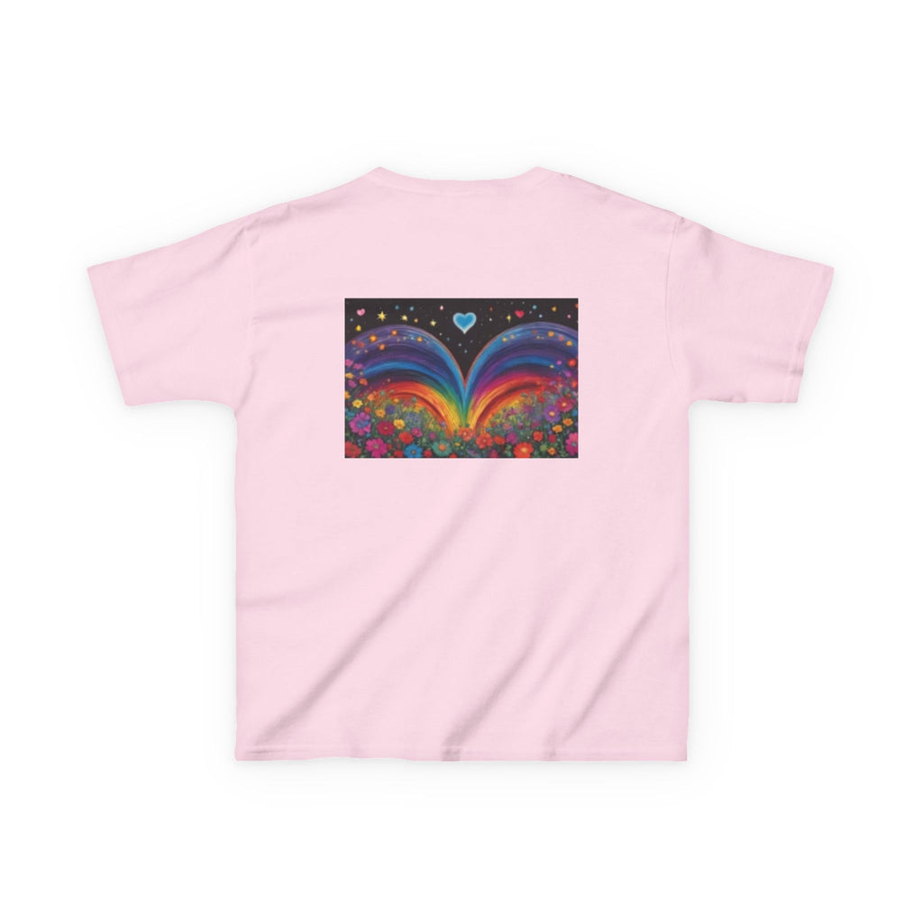 Kids T-shirt— Cute Tiger Cub Photo Front & Rainbow Heart Back Graphic