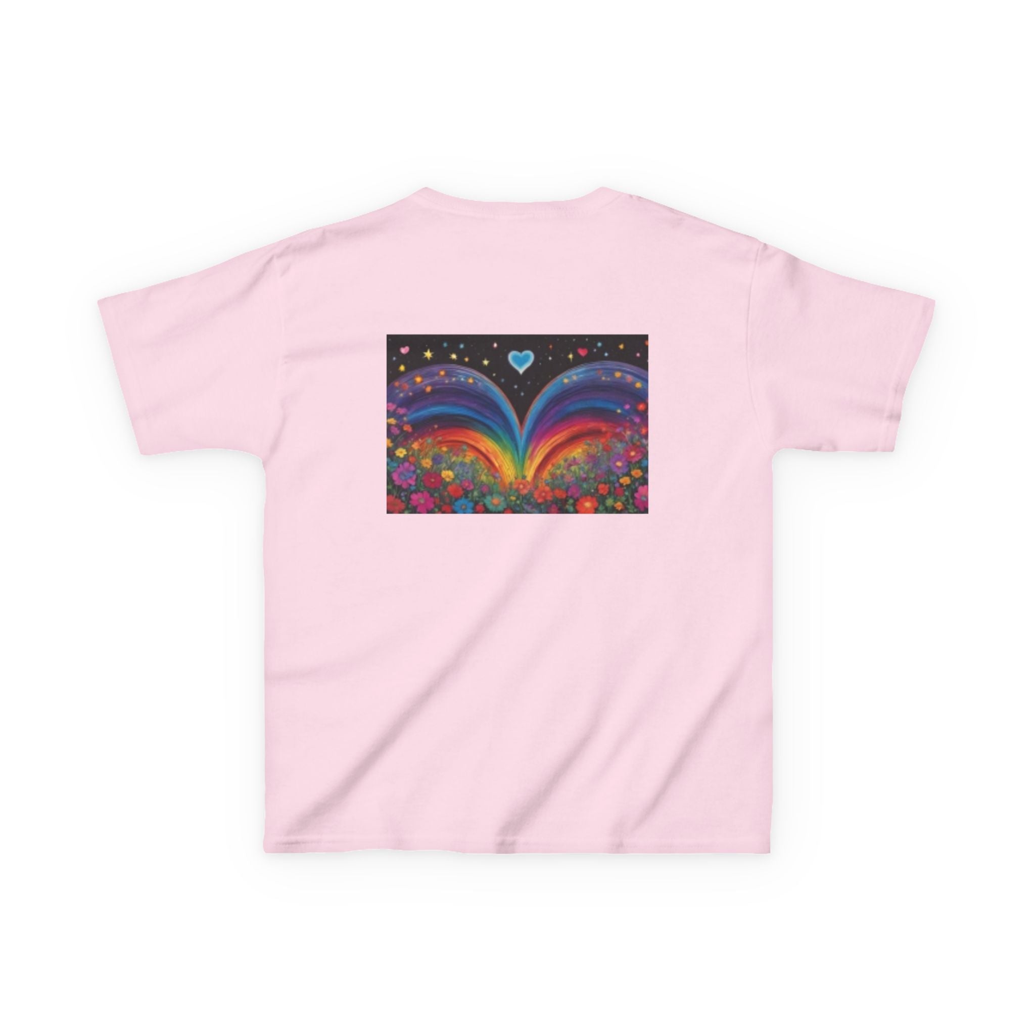 Kids T-shirt— Cute Tiger Cub Photo Front & Rainbow Heart Back Graphic