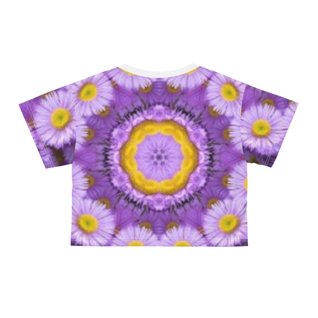 Floral Kaleidoscope Crop T-shirt — Purple Daisy Mandala All-Over Print