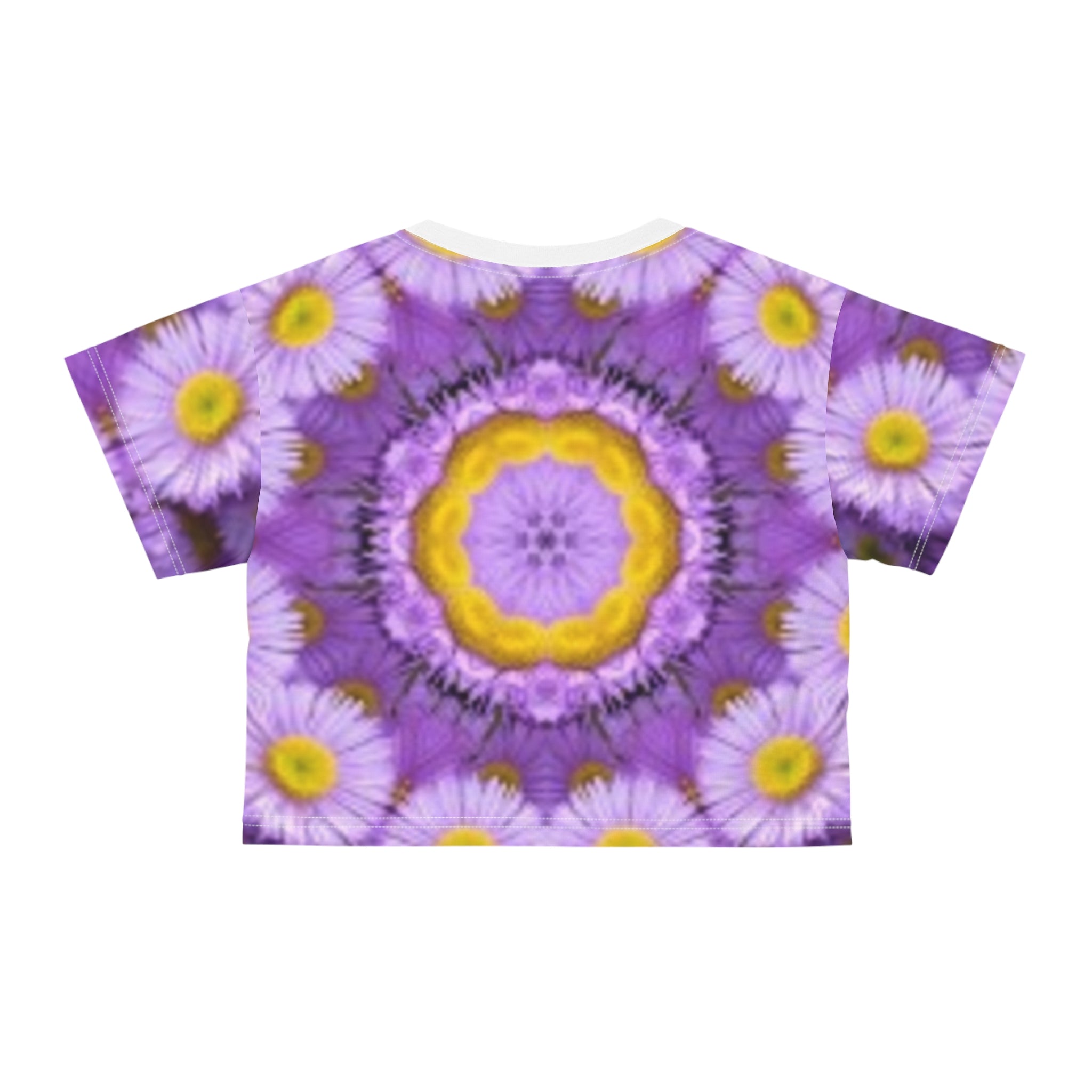 Floral Kaleidoscope Crop T-shirt — Purple Daisy Mandala All-Over Print