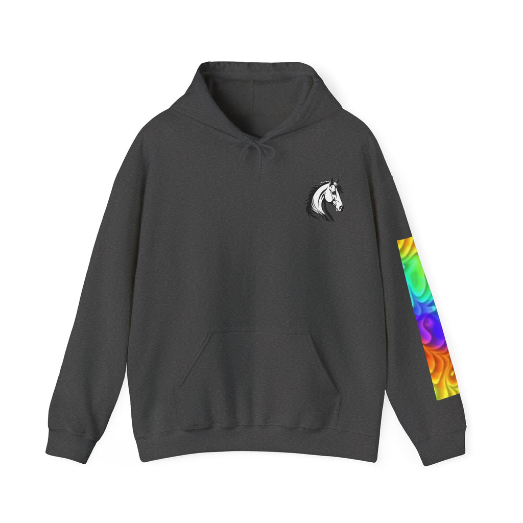 White Horse Art Hoodie — Mystical Galloping Horses Pullover with Rainbow Sleeve Accent