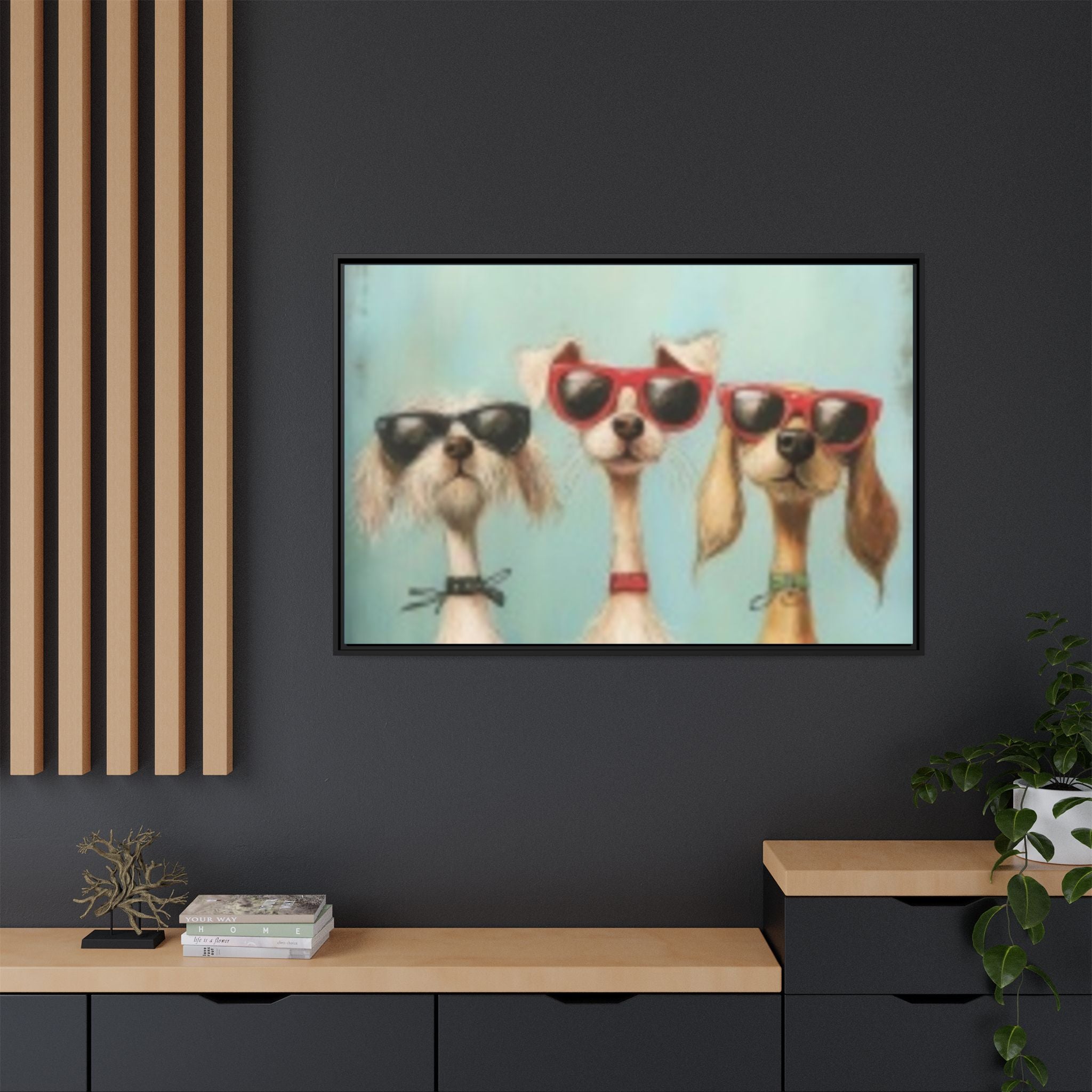 Framed Matte Canvas — Three Cool Dogs in Sunglasses Wall Art