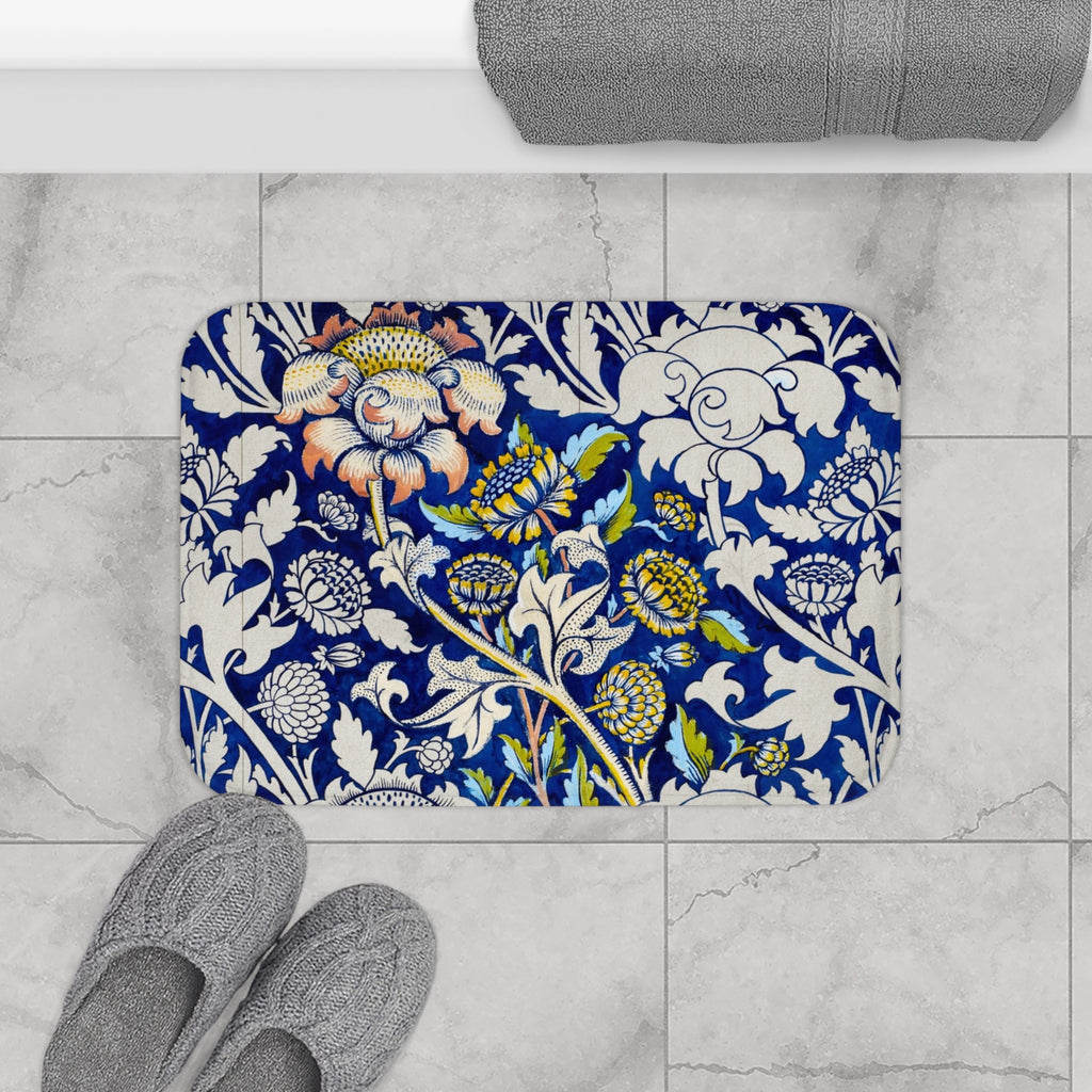 Blue Floral William Morris–Style Bath Mat — Vintage Botanical Bathroom Rug