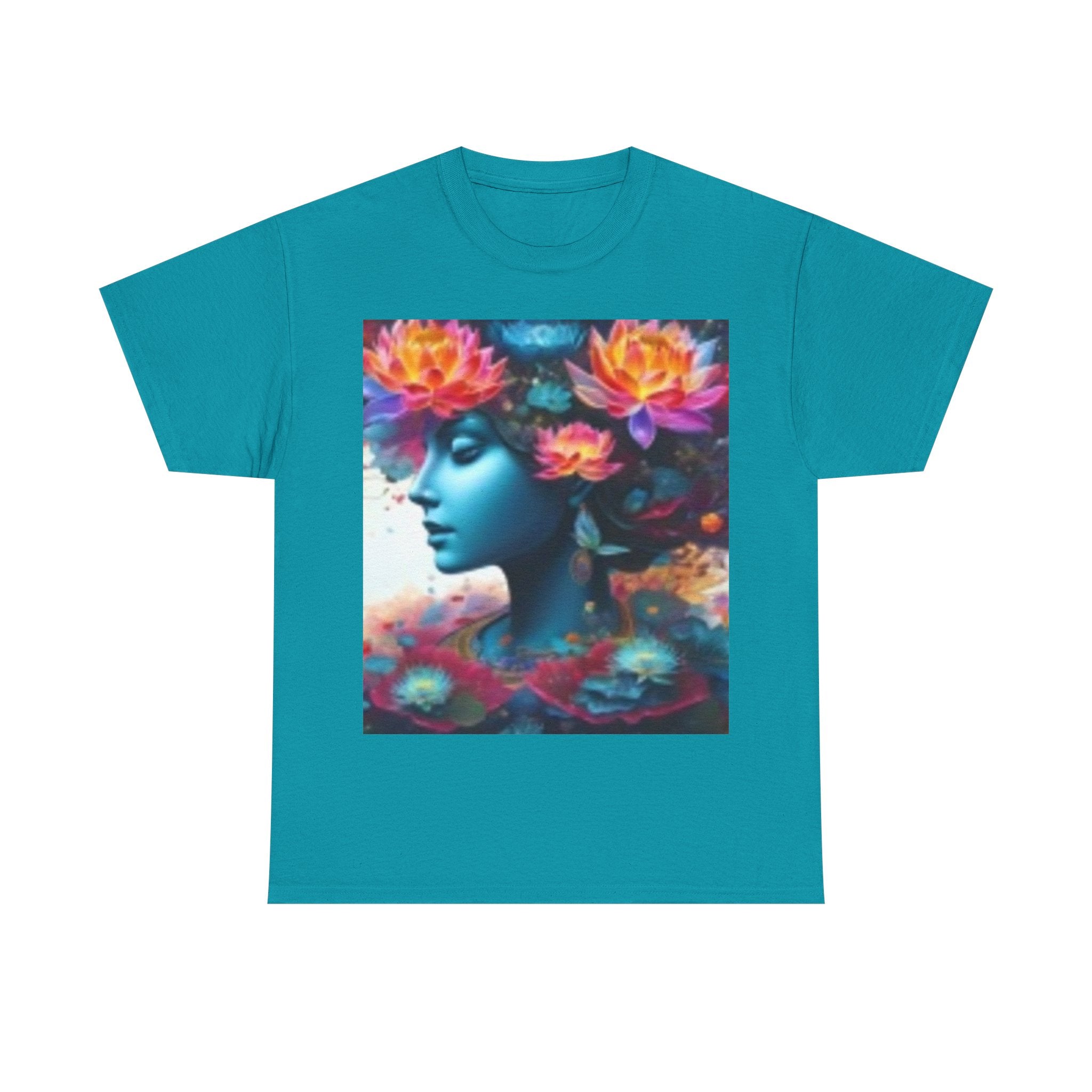 Floral Dreamscape Tee — Surreal Blue Portrait with Vibrant Flowers