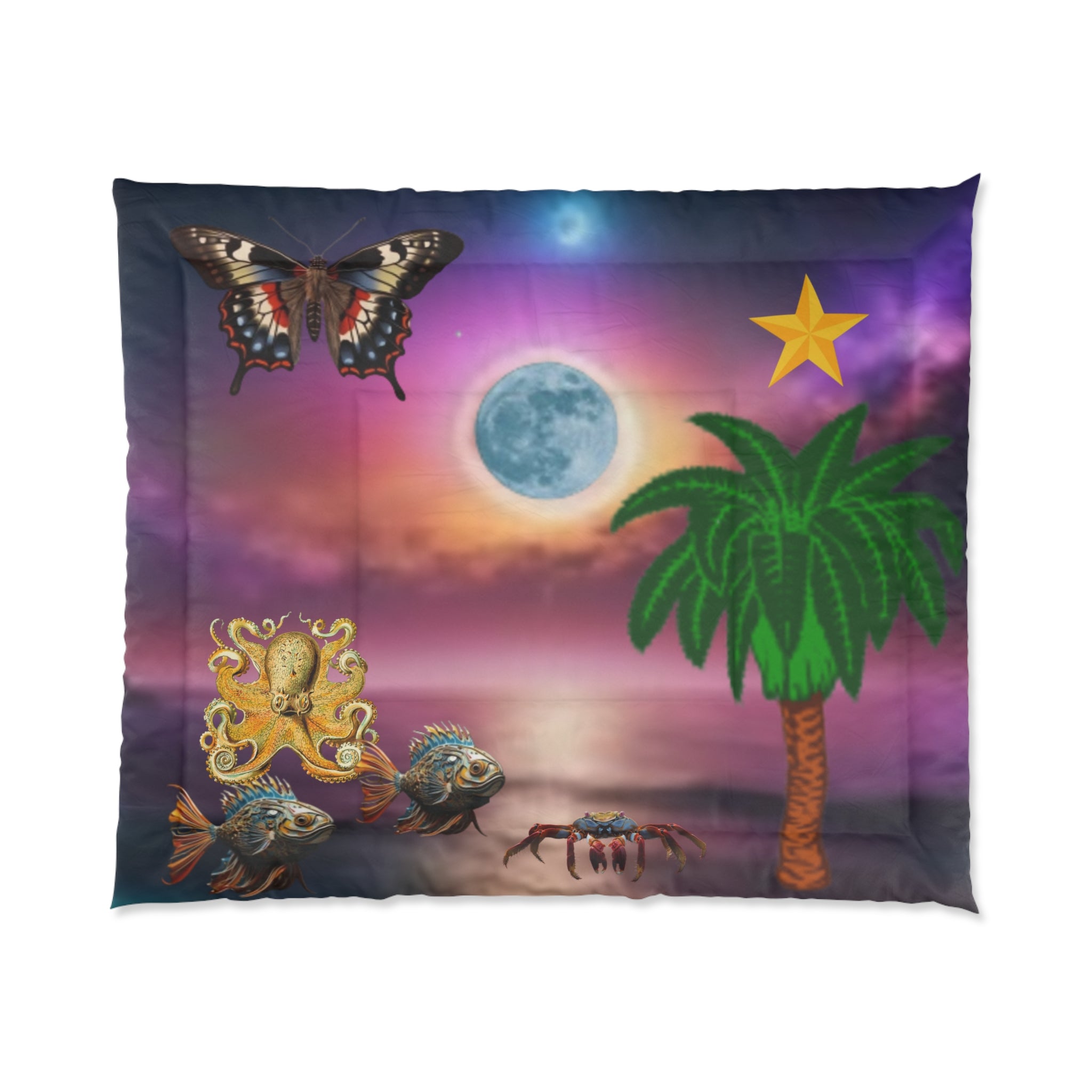 Tropical Moonlit Comforter - Surreal Beach Scene with Palm, Moon & Sea Creatures
