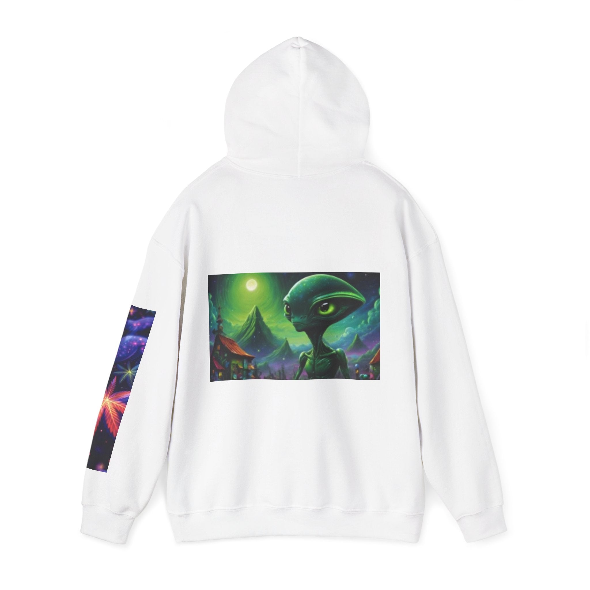 Alien Landscape Hoodie — Cosmic Moonscape & Green Alien Graphic Sweatshirt
