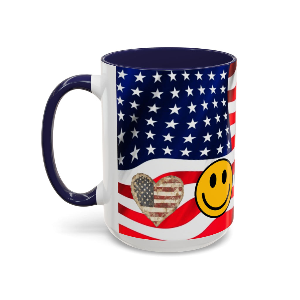 Patriotic President TRUMP Coffee Mug — American Flag Peace Sign & Smile
