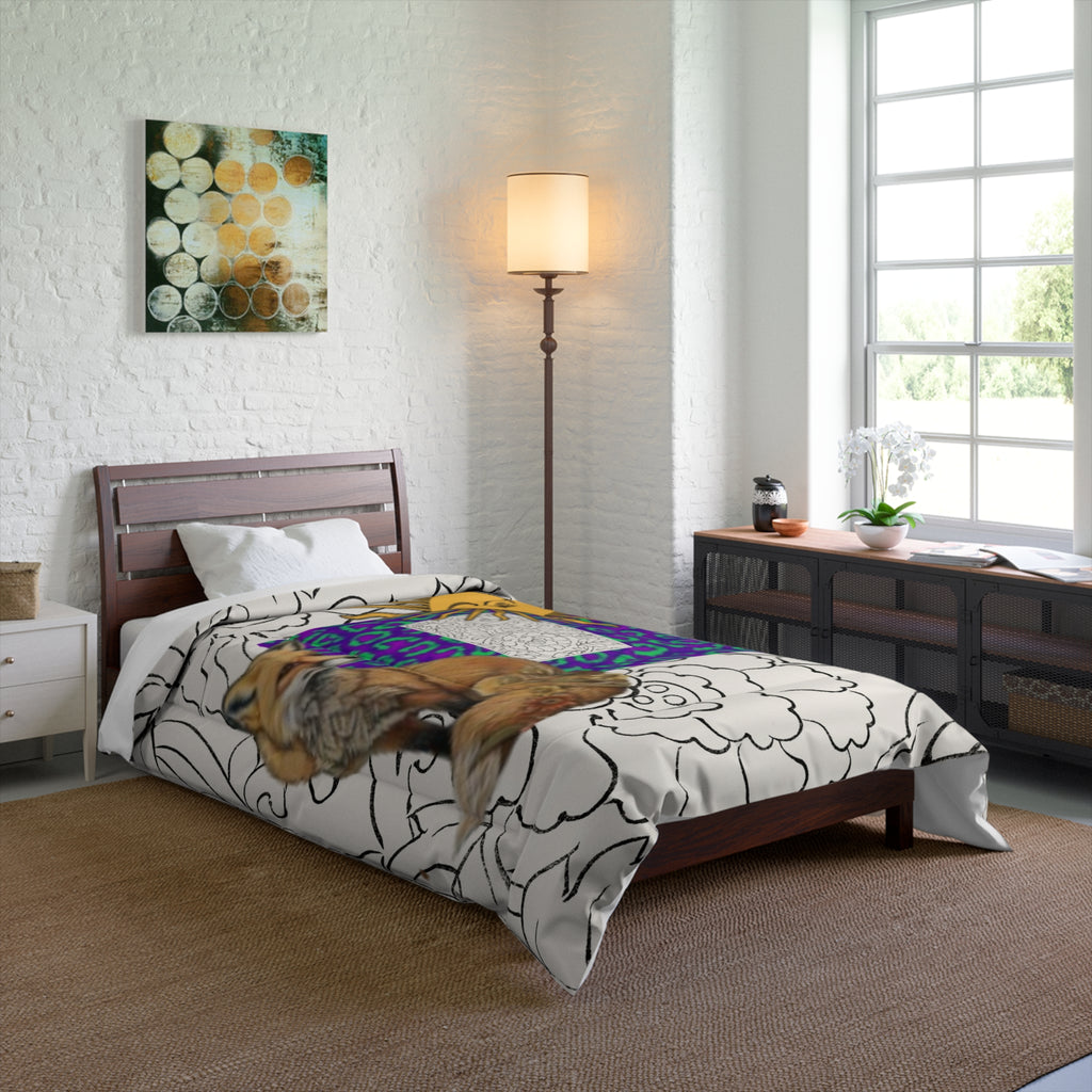 Red Fox Sun with Face Vibrant Purple & Teal Leopard Comforter -  Bedding
