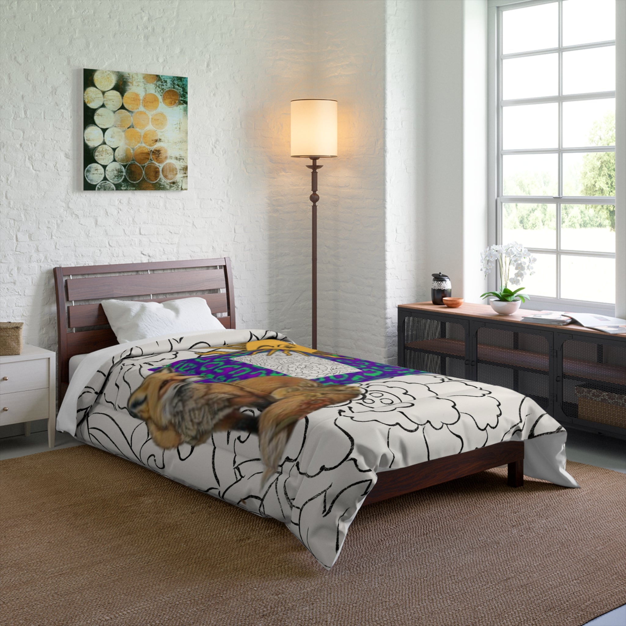 Red Fox Sun with Face Vibrant Purple & Teal Leopard Comforter -  Bedding